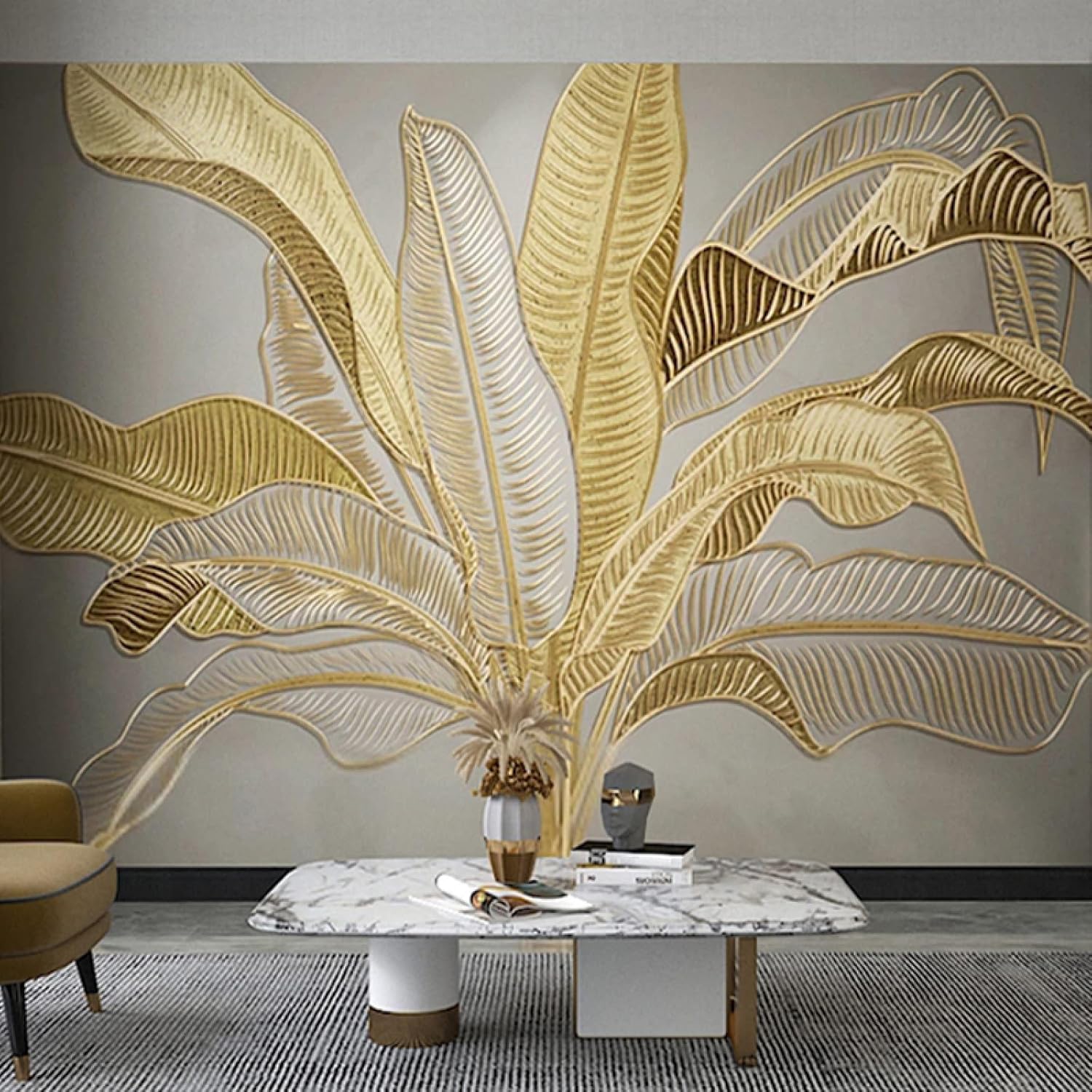 Golden Banana Leaf 3D Mural Wallpaper, Tropical Plants Photo Wall Mural, Photo Wallpaper for Living Room Bedroom Study TV Background Decor Mural - 196.85"x 124.8"(W x H)