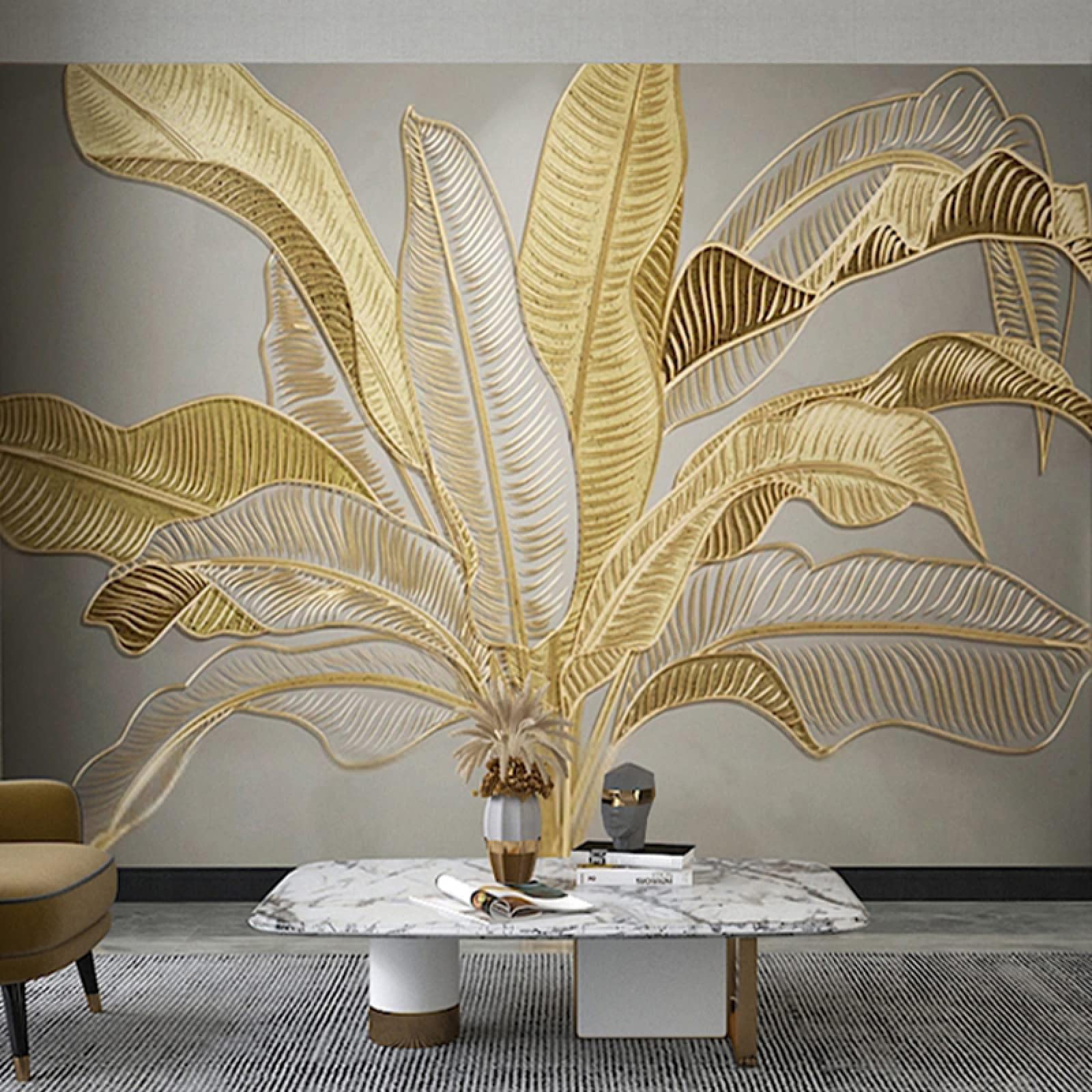 Golden Banana Leaf 3D Mural Wallpaper, Tropical Plants Photo Wall Mural, Photo Wallpaper for Living Room Bedroom Study TV Background Decor Mural - 157.5