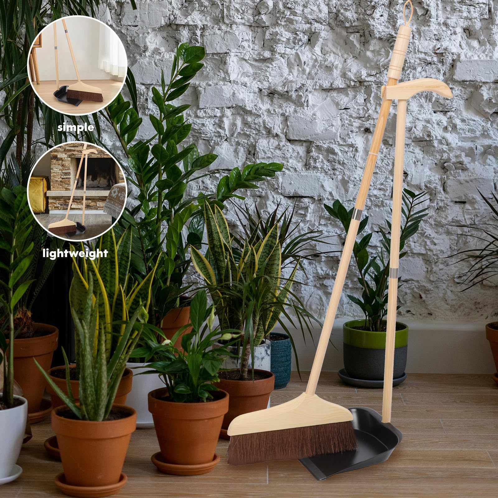 Didiseaon Juego de Escoba y Recogedor de Madera Fibras de Palma y Mango Ergonómico para Limpieza Eficaz Hogar y Ahorro