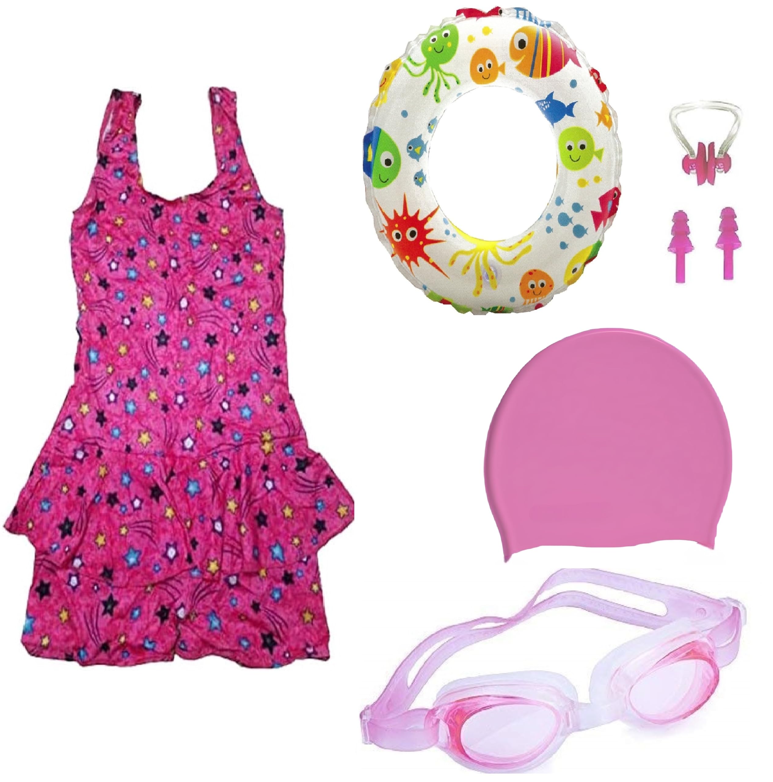 Swimming Costume for Girls with Goggles Cap 2 EARPLUG Nose Clip Swim Ring Baby Girls Swimming Kit-image-6