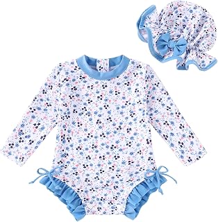 Infant Baby Swimsuit Girl Long Sleeve UPF 50+ Sun Protection One-Piece Rash Guard with Hat Zipper Bathing Suit