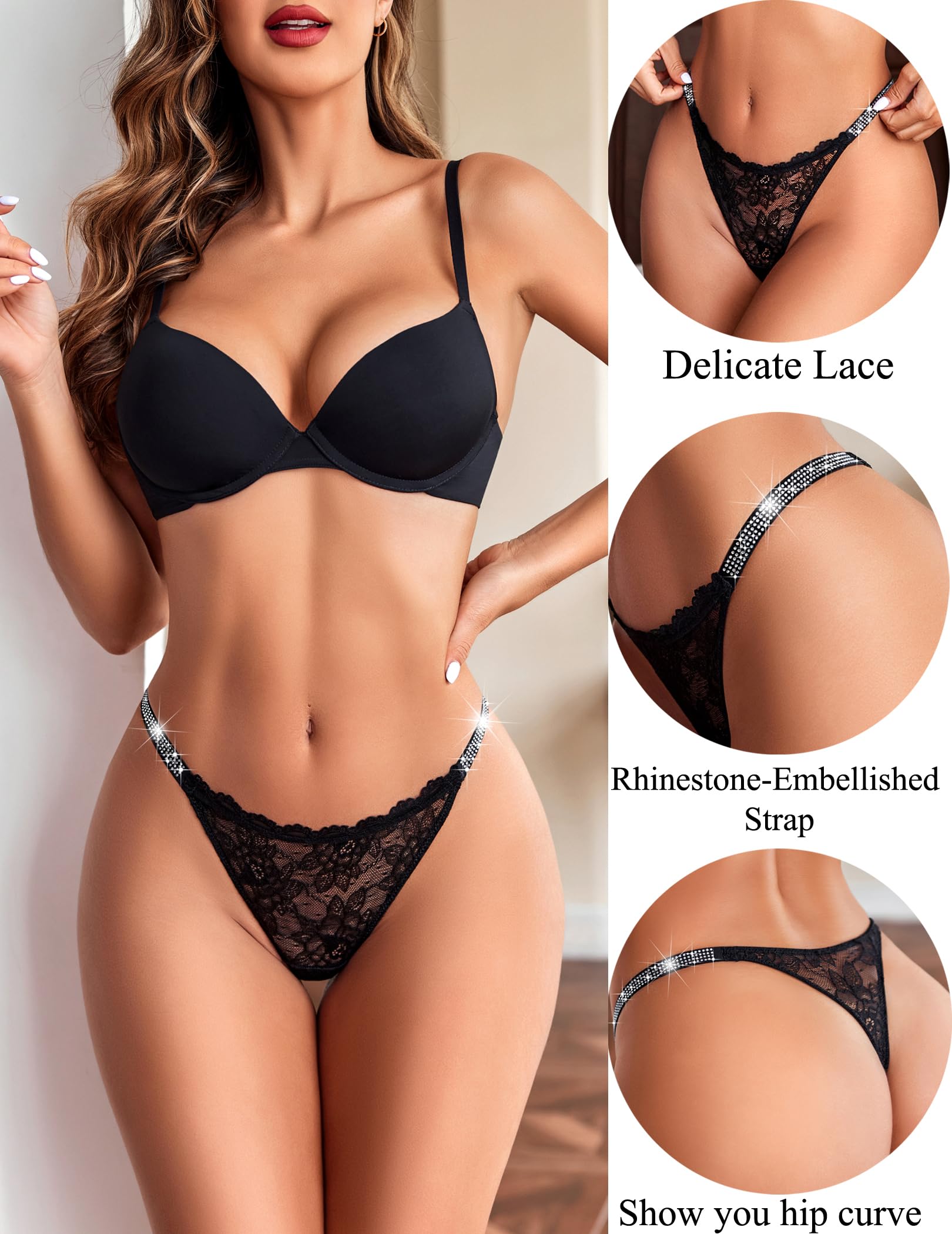 Avidlove Lace Thongs for Women with Rhinestone-Embellished Strap Cheeky Underwear Sexy Panties 1-3 Pack: Black+navy Blue+red Medium