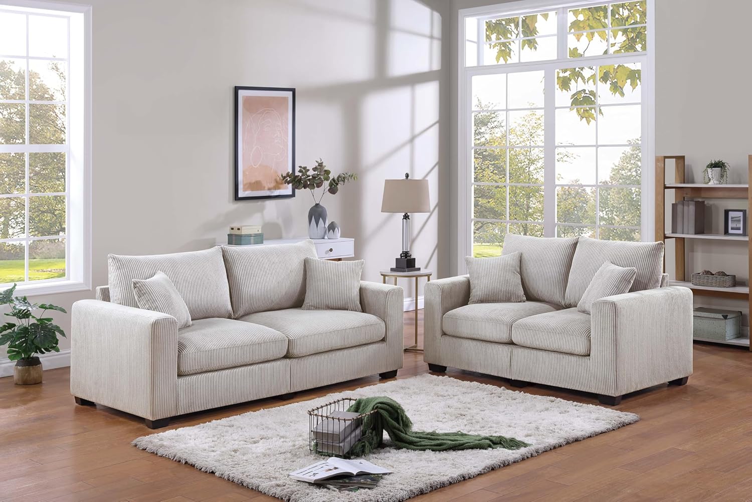 Poundex 2 Piece Sofa and Loveseat Set Upholstered in Ivory Beige Corduroy