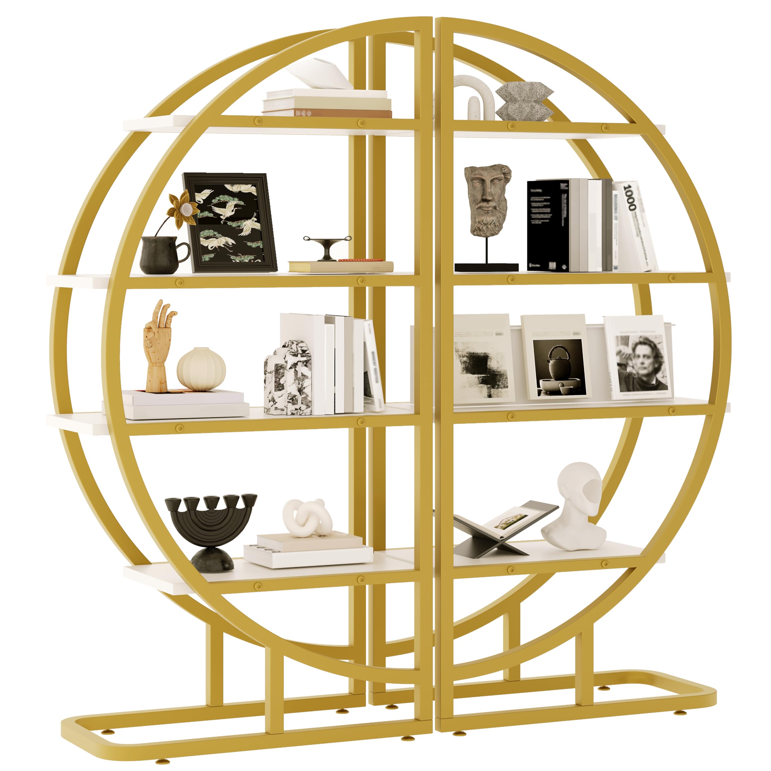 Scaffale ad Arco con Metallo e MDF, per Soggiorno, Oro e Bianco, Set di 2