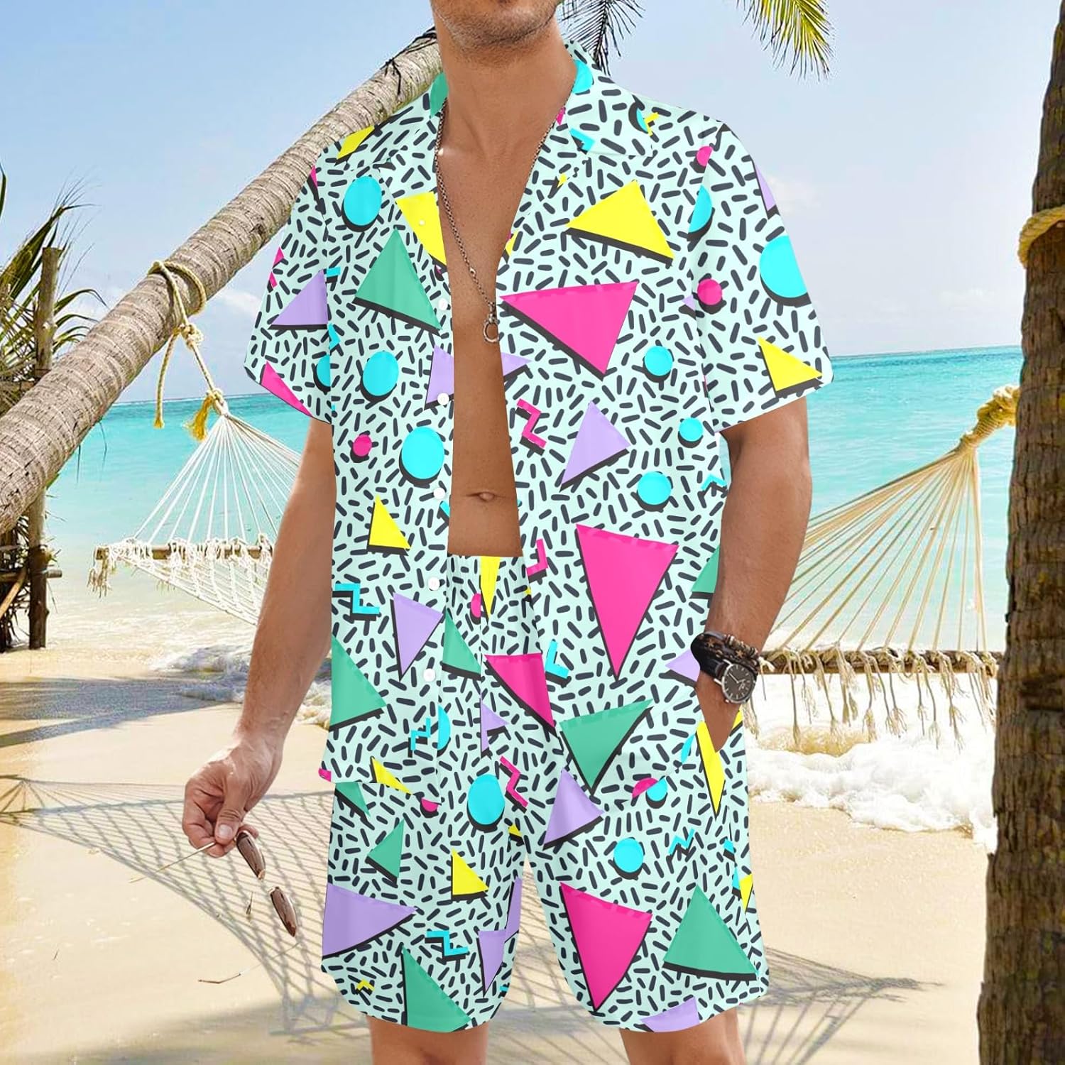 Artsadd 80s 90s Outfit for Men Hawaiian Shirt and Shorts Set Beach Party Outfits - Image 3