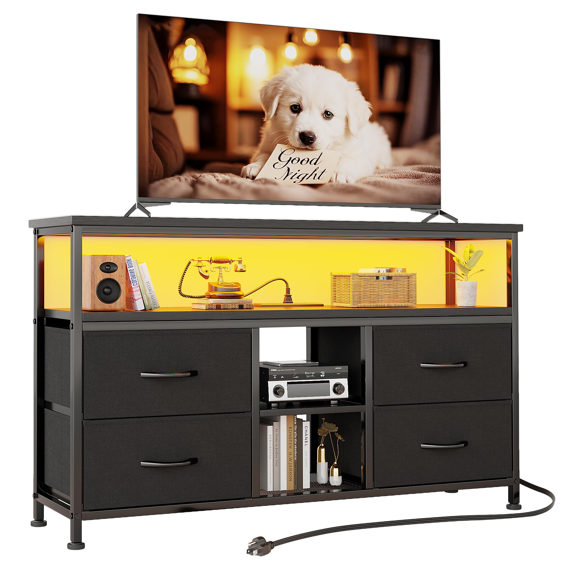 VERMESS 110cm TV Stand, TV Cabinet with Power Outlets & LED Light, 4 Fabric Drawers TV Unit for TVs Up to 55 inch, Entertainment Center for Living Room, Bedroom, Black โ image 1