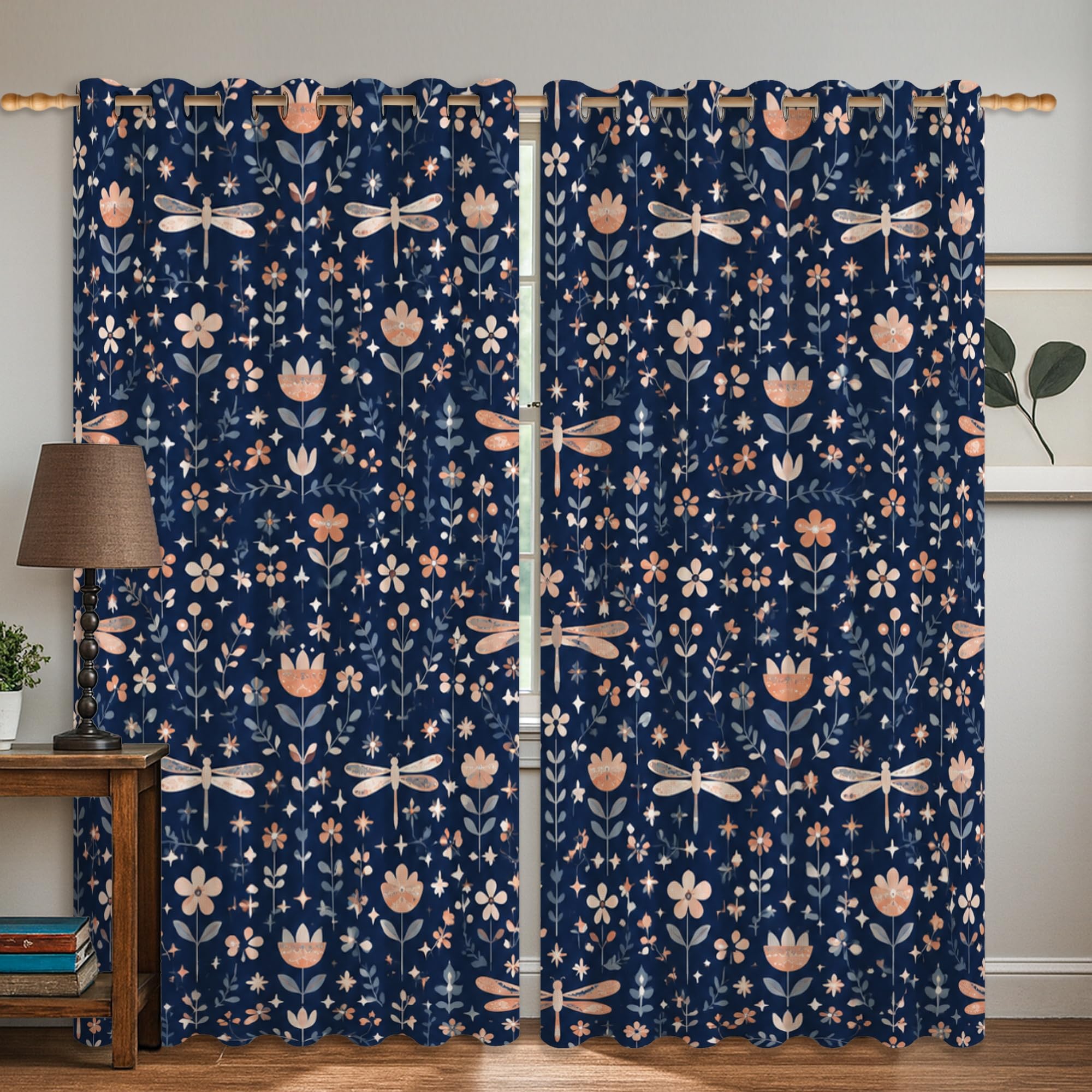 Rideaux occultants bleu marine motif libellule chic en tissu infroissable premium pour salon