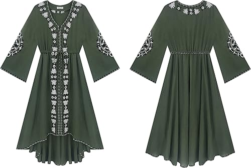 Miniatura 4 de R.Vivimos Vestidos largos para mujer con cuello en V, mangas acampanadas, bordado floral vintage y dobladillo alto-bajo