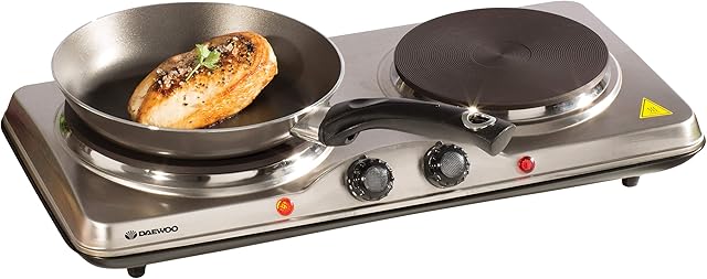 Daewoo SDA1732 Dual Hot Plate-Portable & Compact-Cast Iron Heating Element-On/Off Indicator Lights-Non-Slip Feet-Durable Stainless Steel Housing-Black/Silver