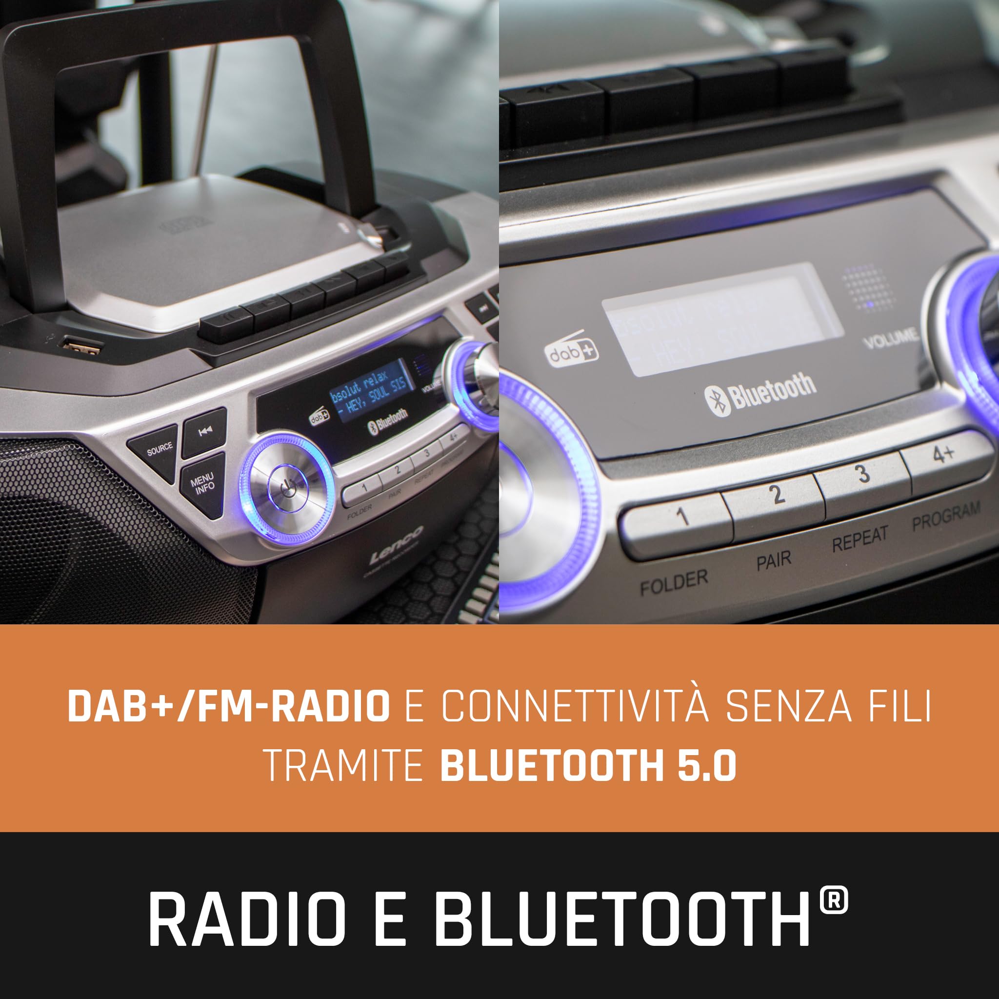 Lenco SCD-720 – Boombox DAB+ – Bluetooth 5.0 – lettore CD/MP3 – ponte cassette – radio FM – porta USB – 2 x 6 Watt RMS – Bass Reflex – telecomando – argento