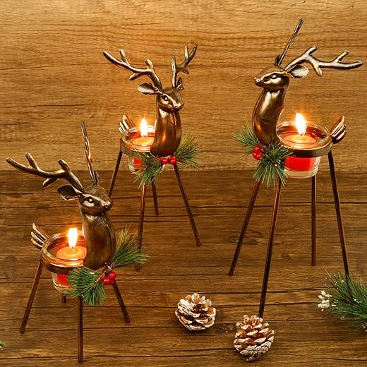 Juegoal Set of 3 Reindeer Tealight Candle Holders, Standing Iron Metal Christmas Decorations, Glass Votive Candle Holder, Durable and Rust-Proof Holiday Tabletop Centerpiece and Display