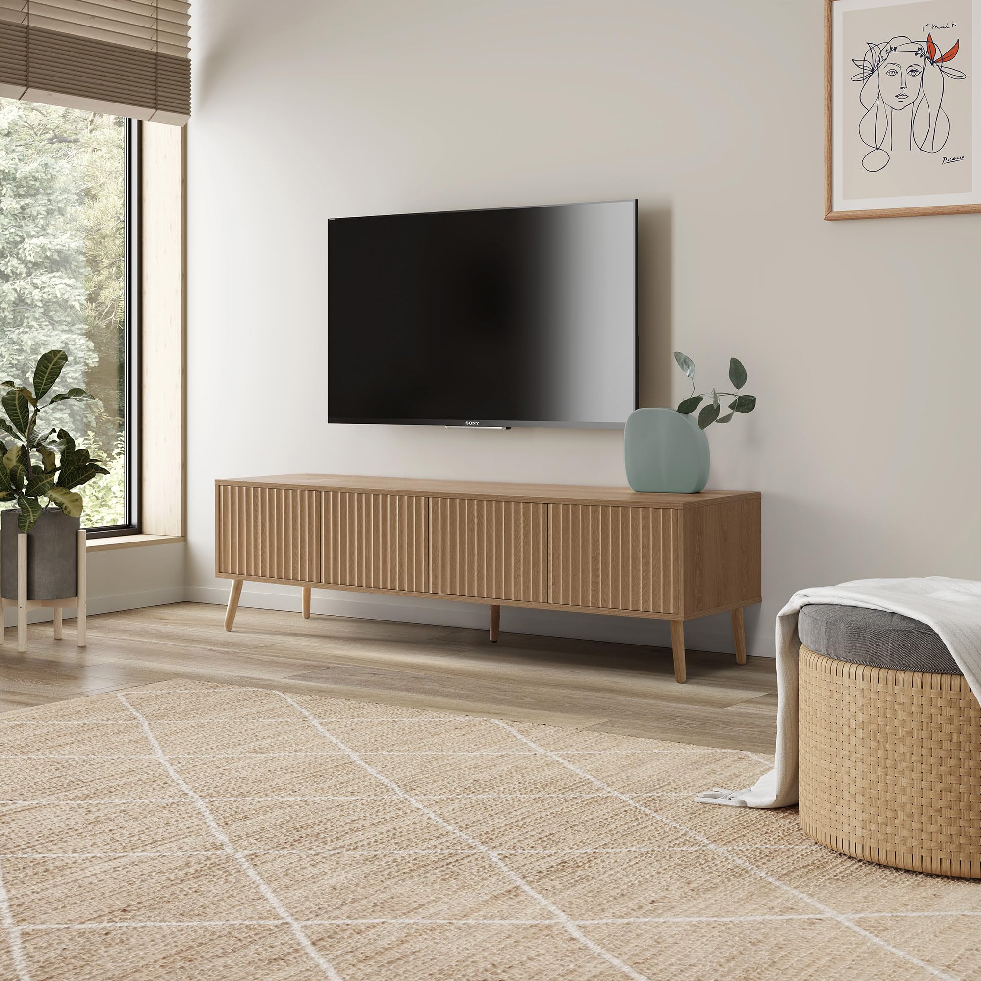HOMN LIVING Meuble TV Lluvia 4 Portes Coloris chêne, 160 cm (Largeur) 40 cm (Profondeur) 45 cm (Hauteur)