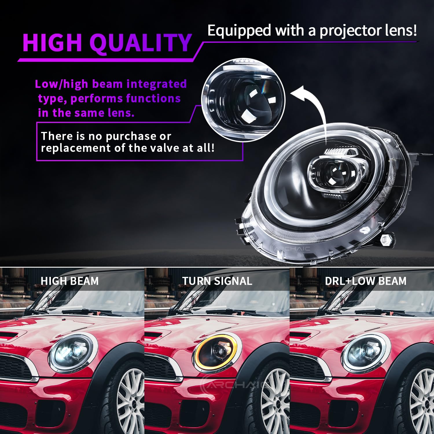 Archaic LED RGB Fari Anteriori Per Mini Cooper Clubman R55/R56/R57/R58/R59 | 2007-2013 per alogeni OE modelli, luci anteriori con animazione RGB DRL, coppia