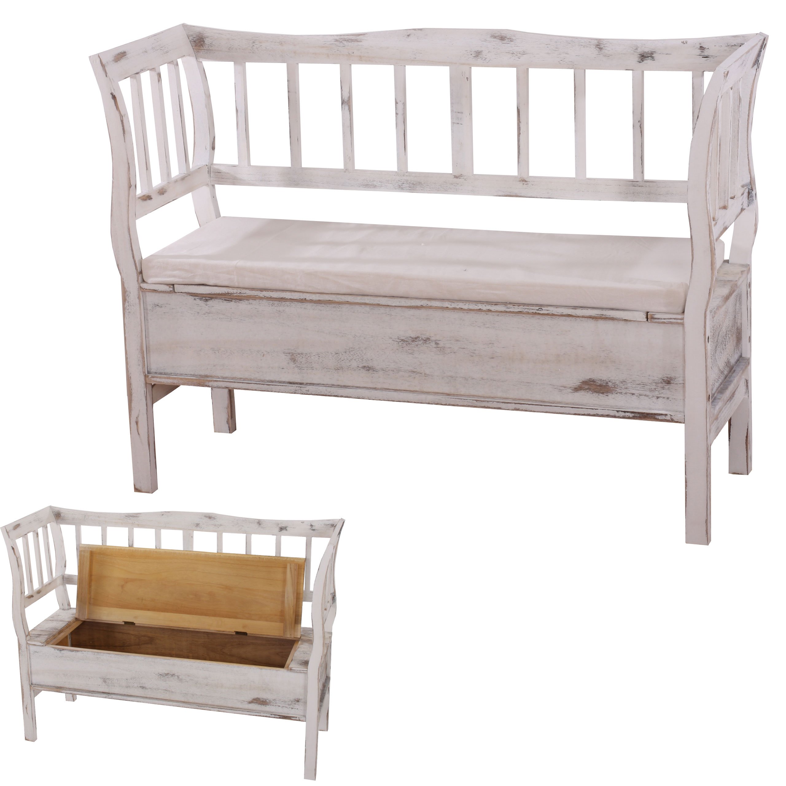 Mendler Banc Banquette de Rangement T207 Coffre avec Coussin Bois Blanc Shabby Chic
