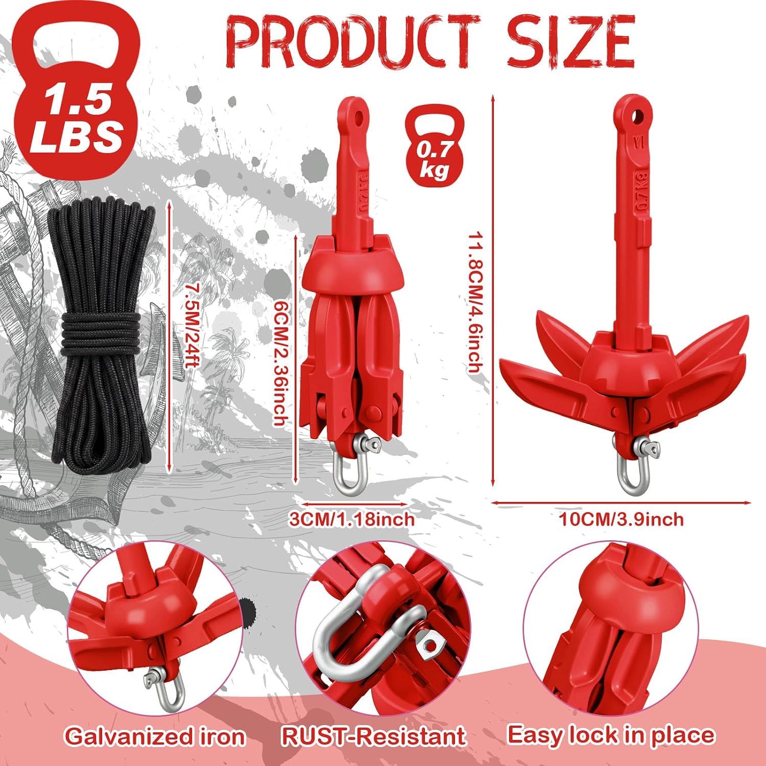 MorningRo 1 Pack 1.5/3.5 lb Marine Kayak Anchor Kit with 40ft Rope and Buoy Folding Grapnel Boat Anchor Kit Kayak Fishing Accessories for Small Boats, Canoe, SUP Paddle Boards