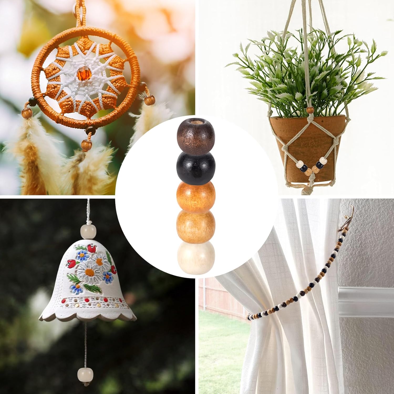 150pcs Large Hole Wooden Beads for Crafts, Vintage Round Natural Wood Hair Bead, 5 Colors 9X10mm Wooden Loose Spacer Beads for Macrame Necklace Bracelet Hair DIY Craft Handmade Decor - Image 6