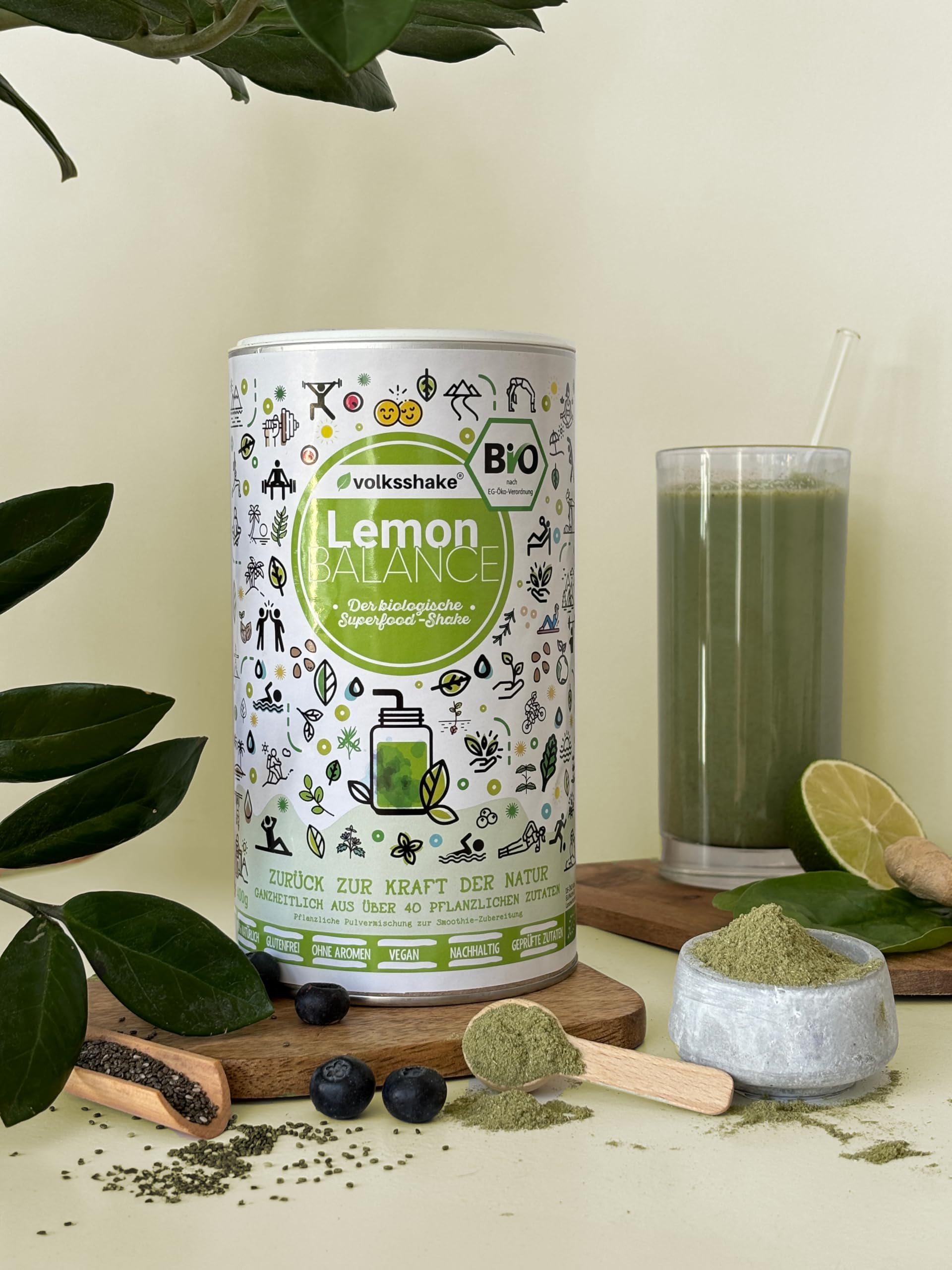 BIO Lemon Balance | Smoothiepulver | 400g | DE-ÖKO-006 | Über 40 Pflanzen wie Weizengras, Zitronengras, Gerstengras | Premiumqualität vom Bodensee | Made in Germany