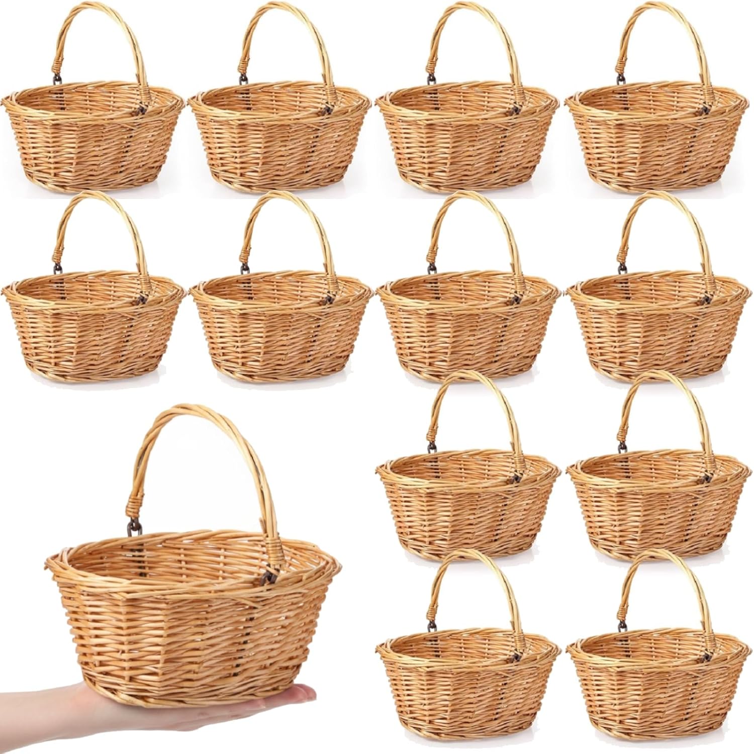 Barydat Small Wicker Basket with Handle Flower Girl Baskets Oval Willow Woven Braided Gift Basket for Weddings Picnic Baby Shower Home Garden Decor(12 Pcs,Brown,9" x 7" x 4")