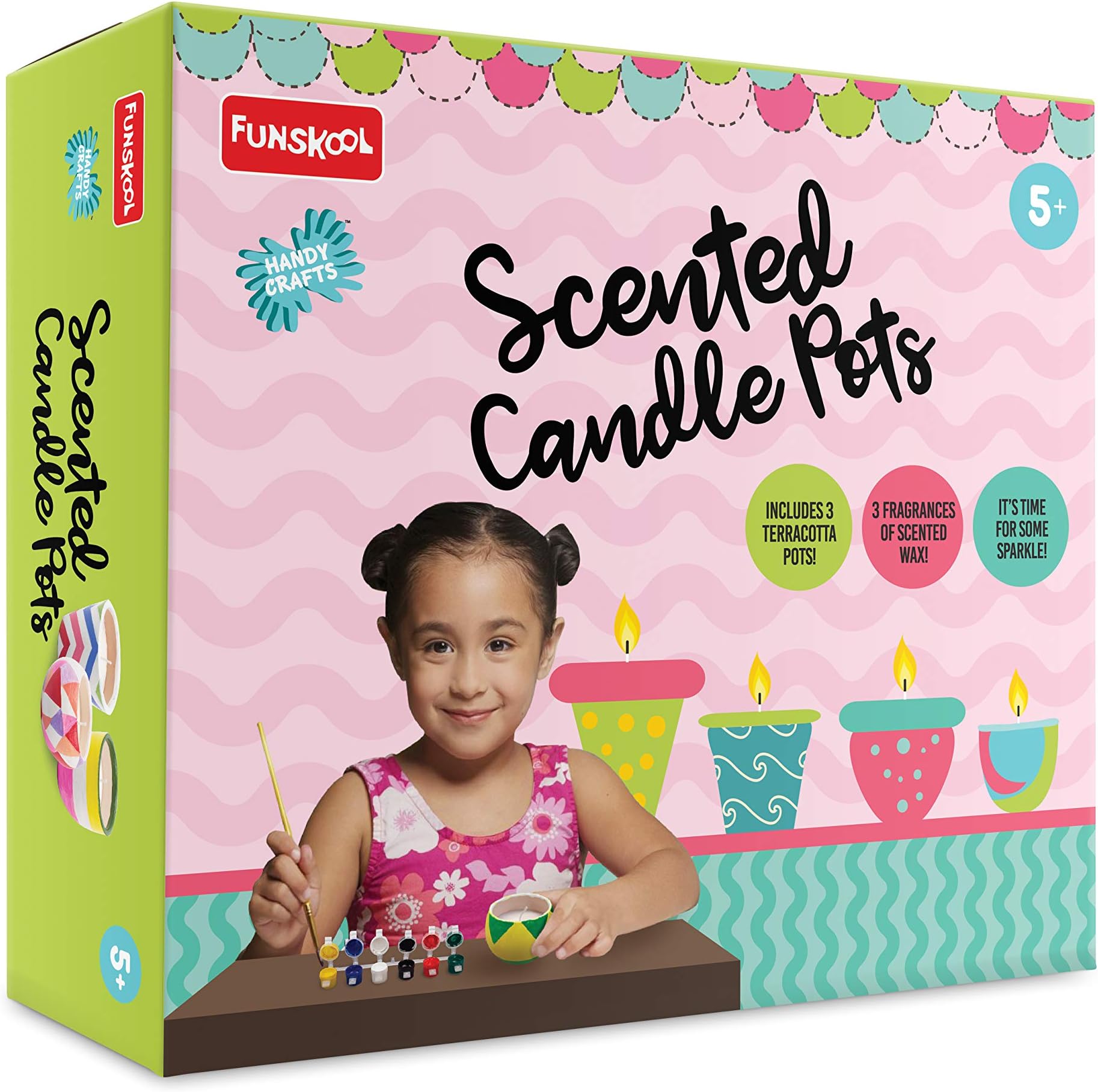 Funskool Handycrafts Scented Candle Pots, Wax Candle Maker, Scents - French Vanilla, Green Apple, Lavender, Art and Craft Kit, Ages 5 Years and Above, Multicolour