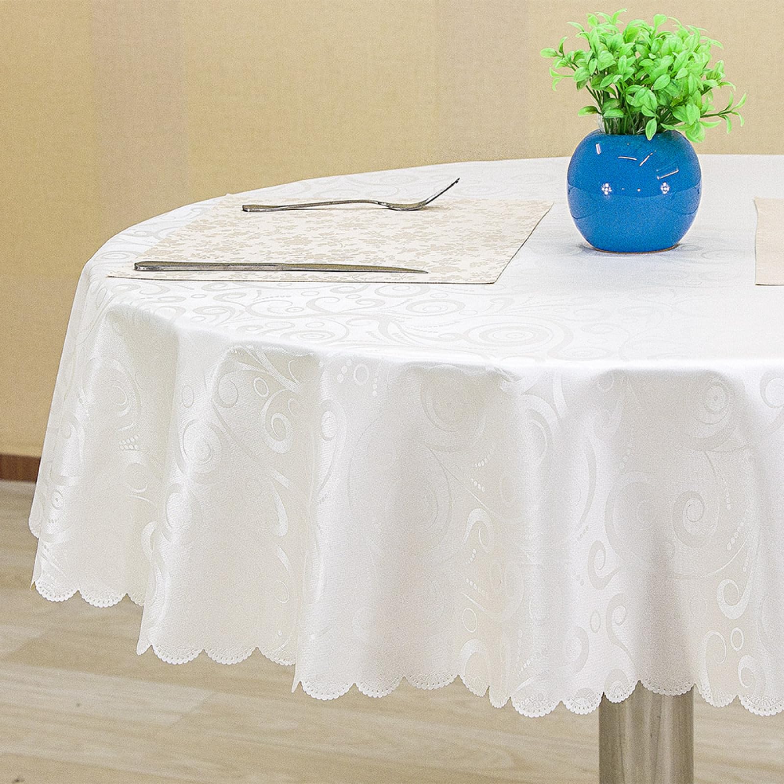 Nappe cirée imperméable de table Happy Birthday blanche ronde diamètre 260cm