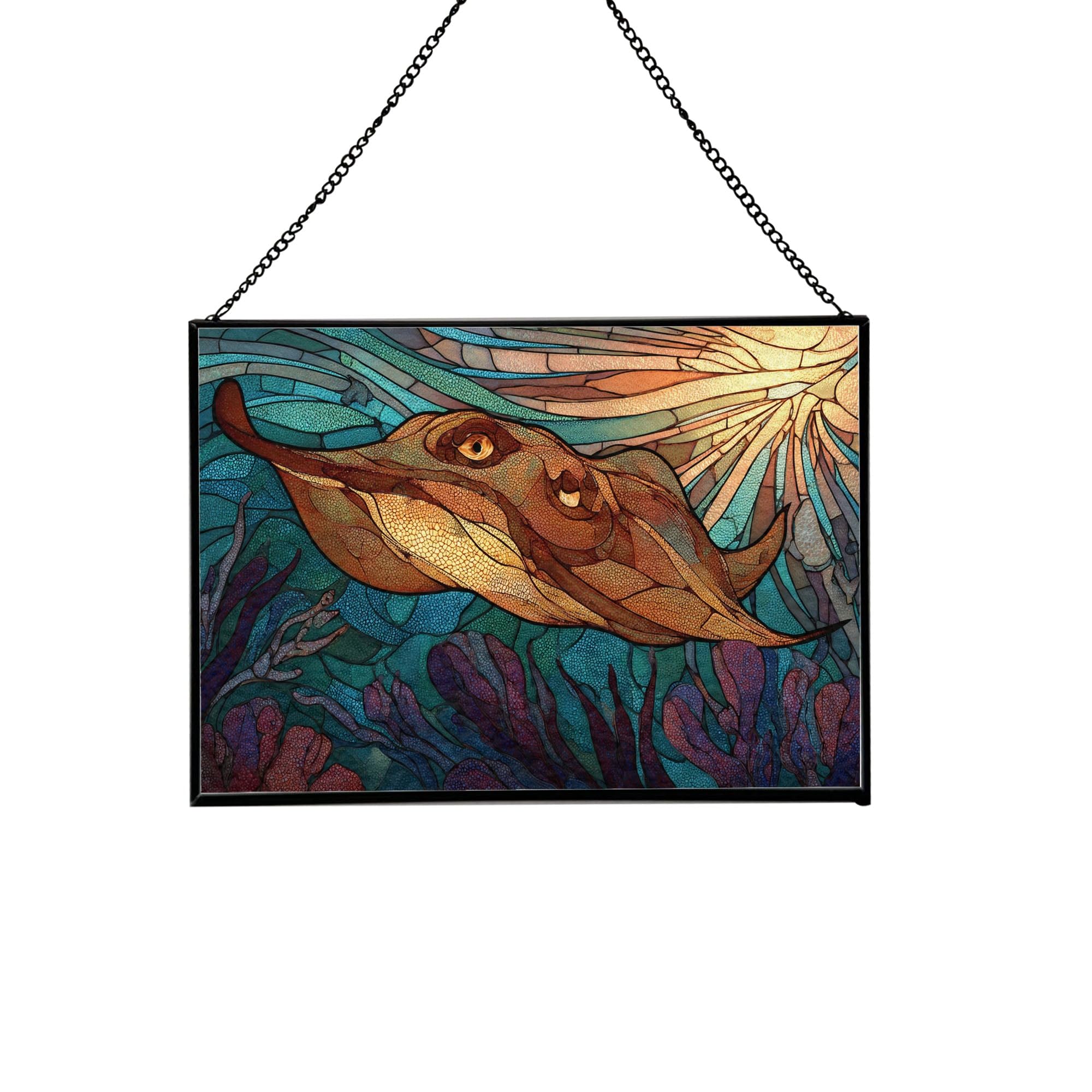 Electric ray Ocean Animal Stained Glass Suncatcher – Rectangular Hanging Window Panel with Underwater Scene – Glass Art Gift for Coastal Decor and Sea Lovers, Christmas, Halloween 9INGoA