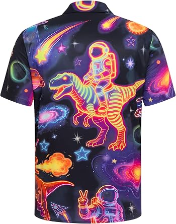 Men's Neon Print Short Sleeve Shirt - Tropical Space Hawaiian Button Down Shirt for Rave Party Festival Beach