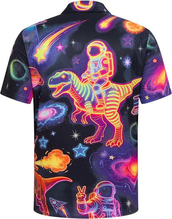 Men's Neon Print Short Sleeve Shirt - Tropical Space Hawaiian Button Down Shirt for Rave Party Festival Beach