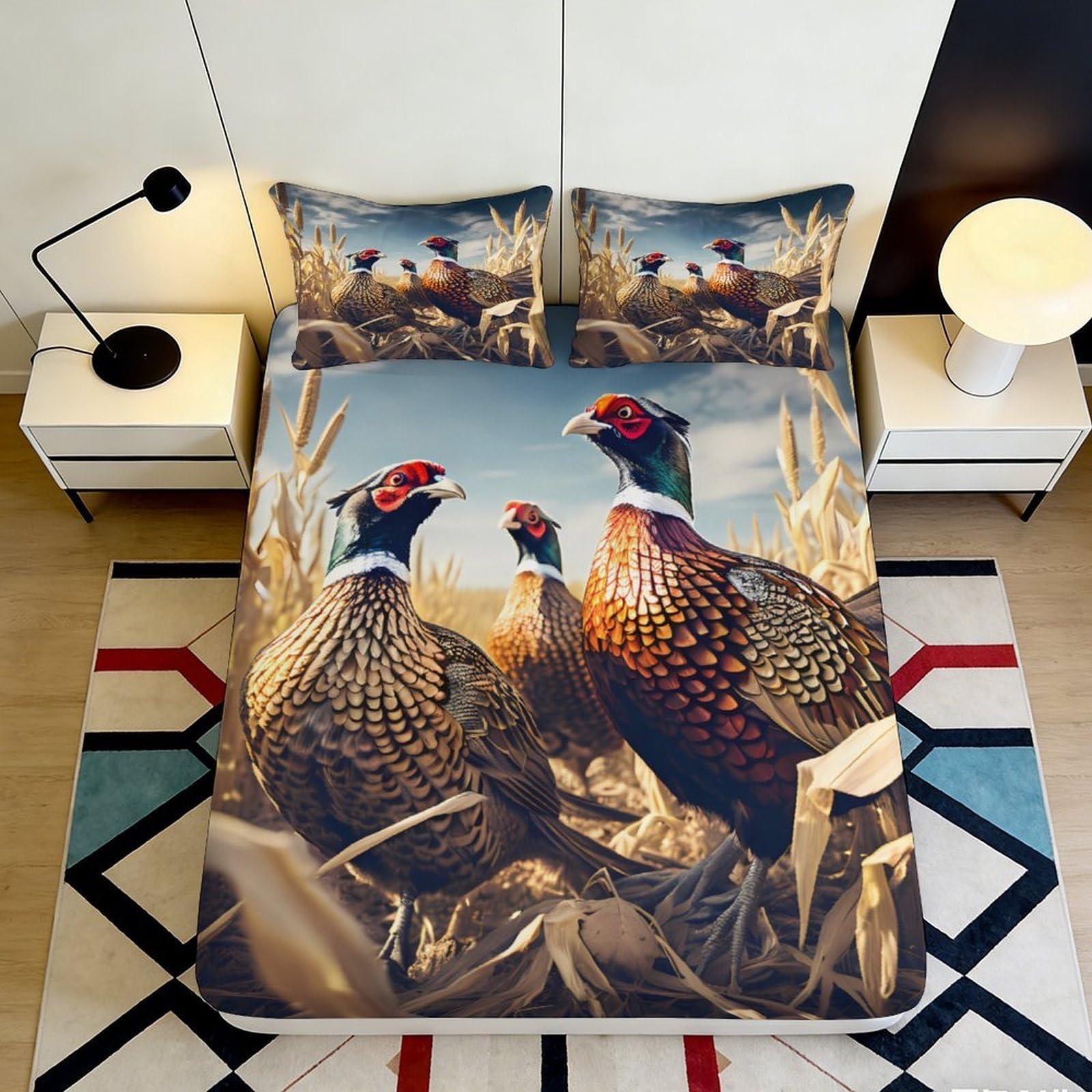 3D Printed Pheasant Field Fitted Sheet Microfiber Soft Mattress Cover Anti-Slip Machine Washable Nature Bedroom Decor 120x200x25cm