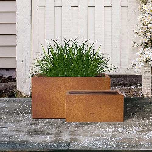 Miniatura 7 de Kante Macetas largas rectangulares de 31.4 pulgadas y 23.6 pulgadas de largo, con acabado de acero sintético, ligeras, con agujeros de drenaje