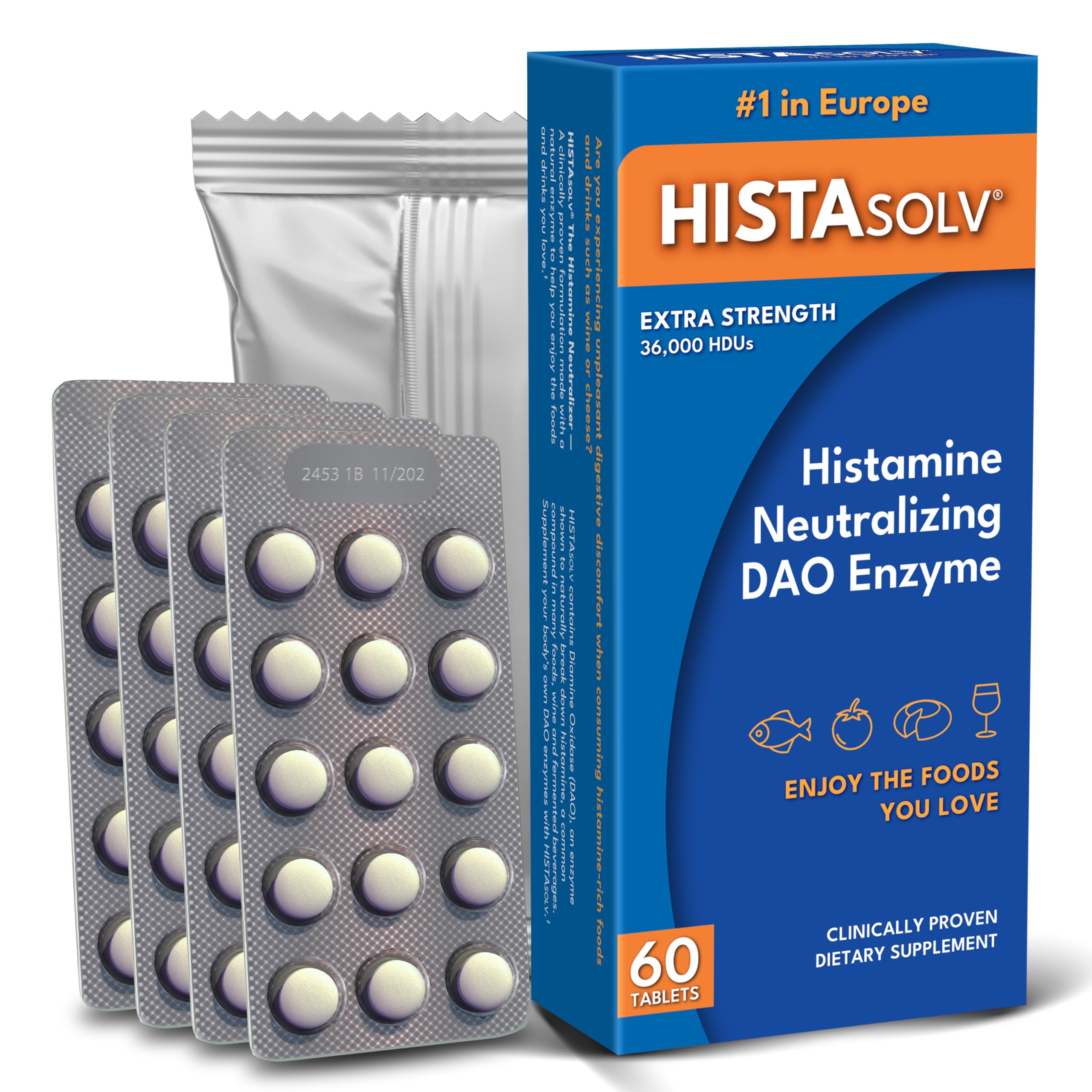 HISTAsolv Extra Strength DAO Enzyme Supplement for Histamine Food Intolerance - Eases Digestive Discomfort - Patented Tech - Made in Austria - 60 Pack