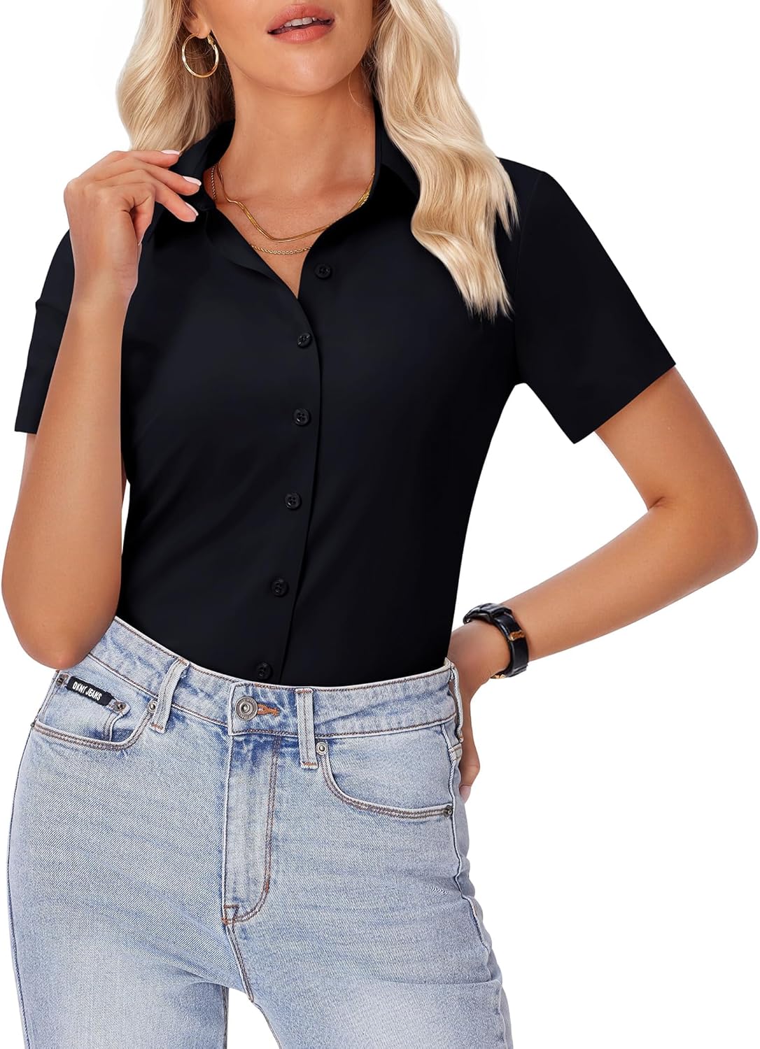 siliteelon Womens Button Down Shirt Slim Fit Stretch Short Sleeve Dress Shirts Wrinkle Free Solid Formal Work Blouses - Image 6