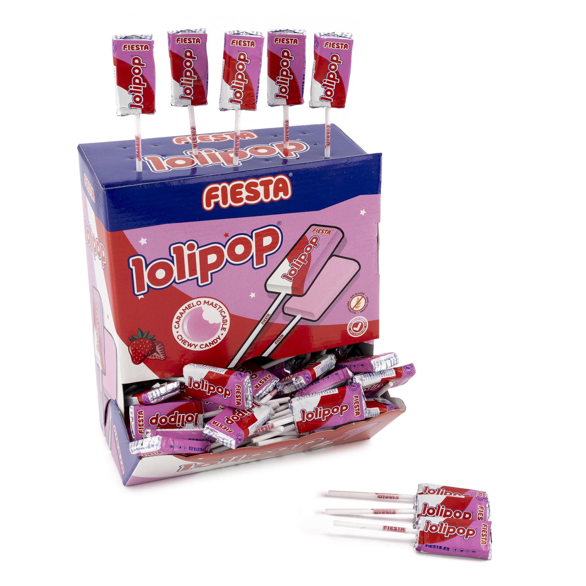 FIESTA Lolipop Caramelo Masticable con Palo Sabor Fresa - Caja de 100 unidades