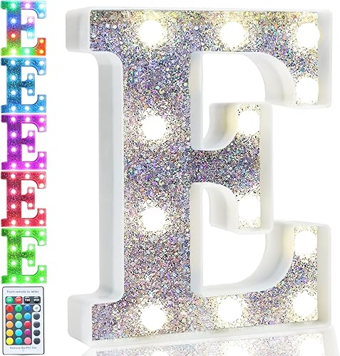 Pooqla Letras iluminadas coloridas, letras LED plateadas de marquesina que funcionan con pilas, 16 colores con purpurina, letras del alfabeto, luces
