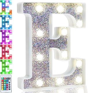 Pooqla Colorful Light Up Letters, Silver LED Marquee Letter Lights Battery Operated,16 Colors Glitter Alphabet Letter Sign Night Lights for Girls Birthday Party Wedding Bedroom Decoration, Letter E