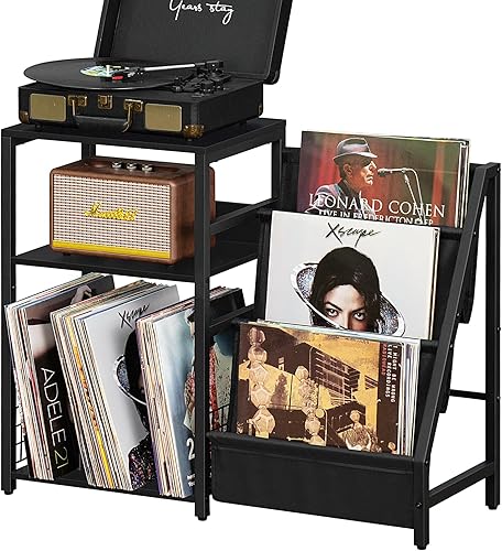 Miniatura 1 de Soporte para tocadiscos con estante de exhibición de vinilo para almacenar hasta 150 álbumes, soporte negro para mesa giratoria