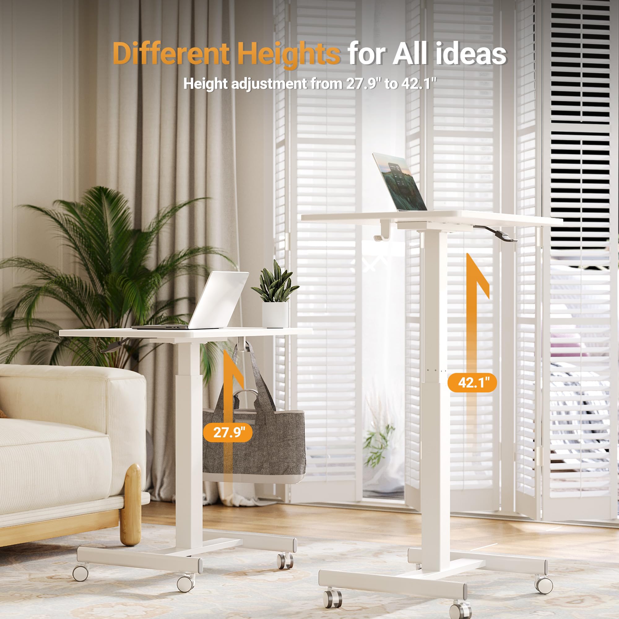 Claiks 65×48cm Stehpult Höhenverstellbar Schreibtisch Klein,Mobiler Laptoptisch Höhenverstellbar mit 4 Rollen,Steh-Sitz Schreibtisch Computertisch, Weiß