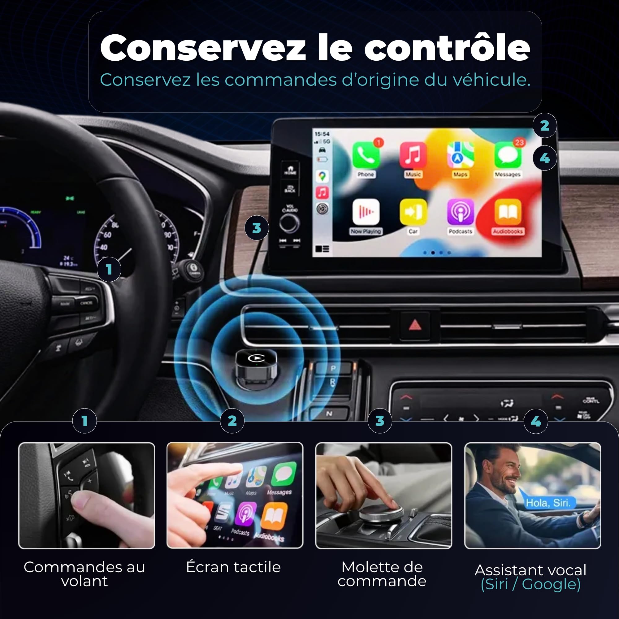 Adaptateur Carplay sans Fil & Android Auto sans Fil 2 en 1 Mini (Version 2026) – Plug & Play, reconnexion Rapide, 3 Accessoires Inclus, Compatible USB-A et USB-C