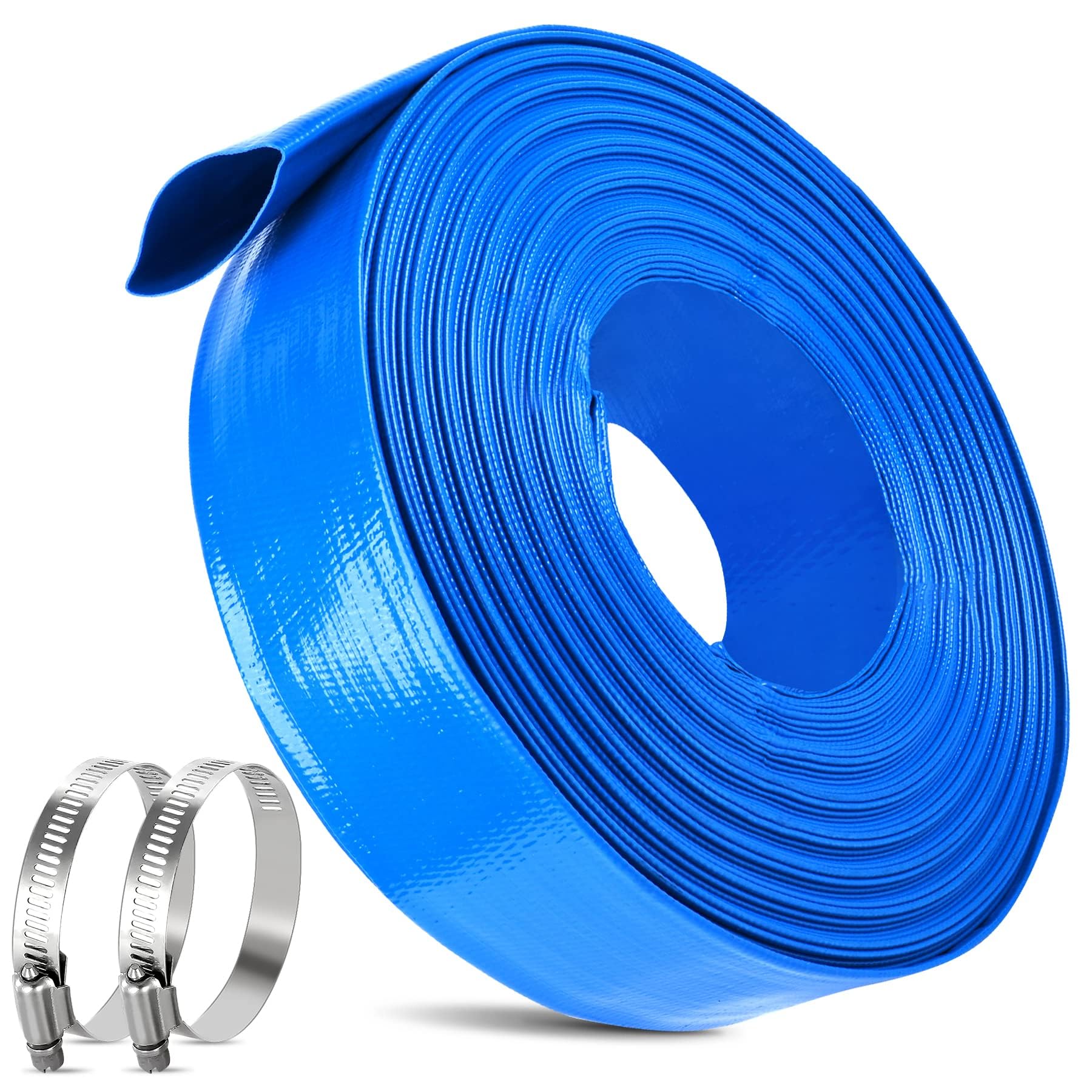 Tubo per Controlavaggio per Piscina, 5CM x 10 M Tubo Flessibile di Scarico Piatto, Tubo di Scarico per Controlavaggio con 2 Clip, Tubo Piatto in Tessuto PVC per Pompe Sommerse e Pompe dell'Acqua