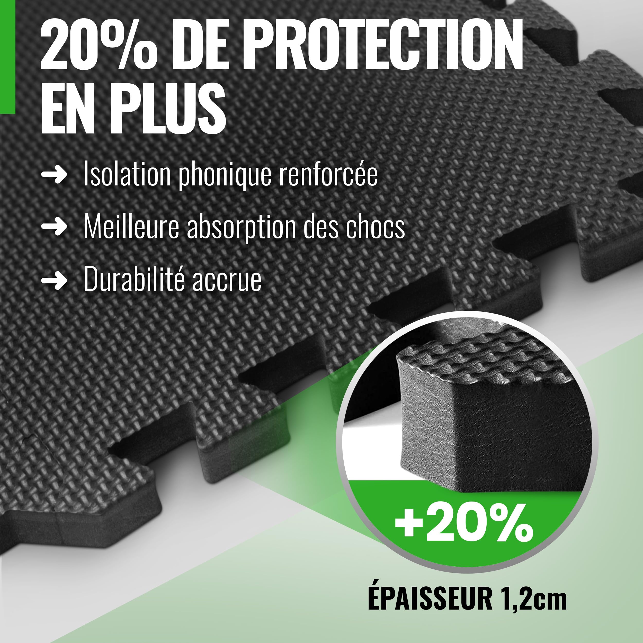 AthleticPro Tapis de protection de sol de fitness, 60 x 60 cm, 18 tapis de sol extra épais, 20 % de protection en plus, tapis de protection antidérapant pour salle de fitness et appareil de fitness