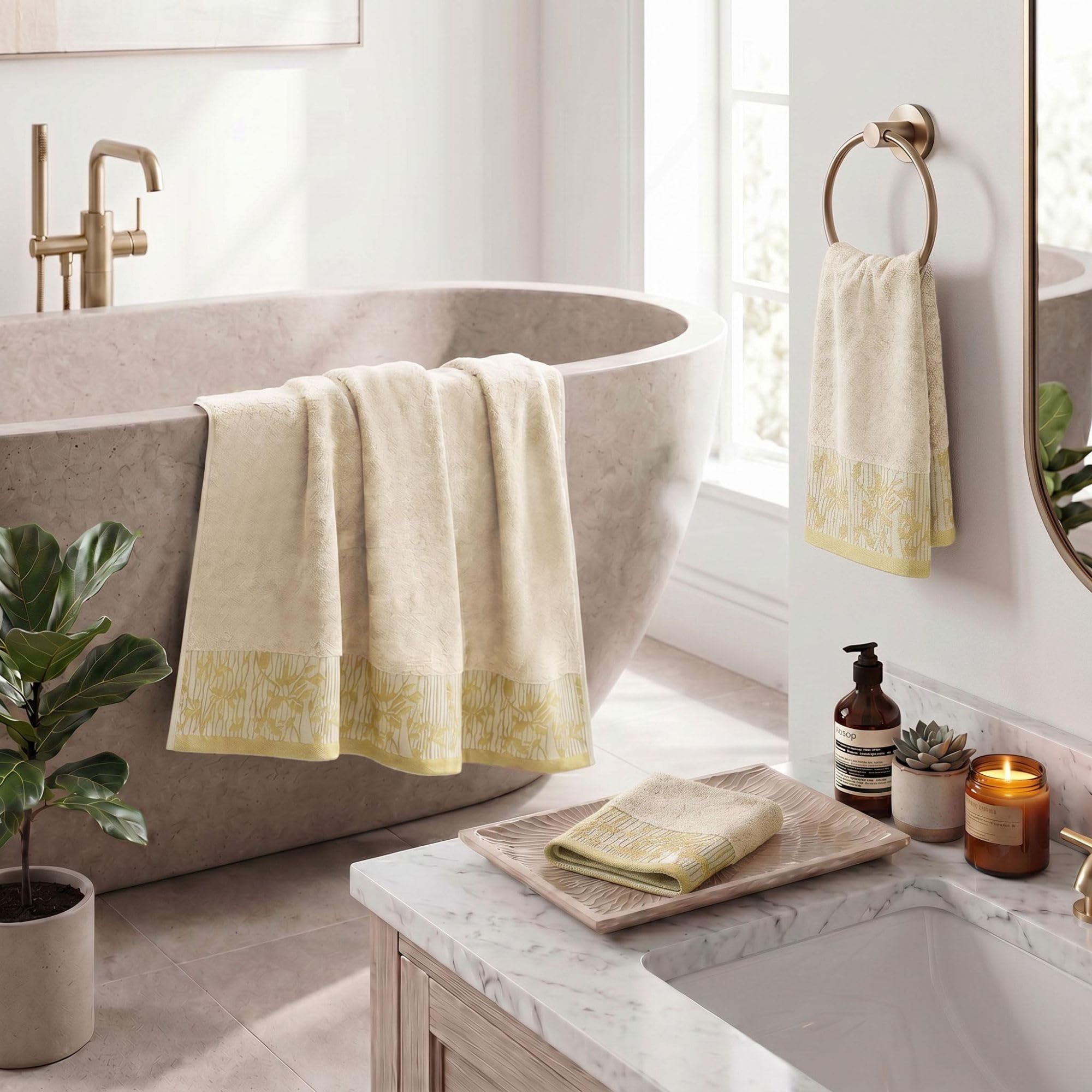 Superior Juego de toallas de algodón de 3 piezas, diseño floral jacquard Dobby, secado rápido, decoración de baño, spa, ducha, baño, incluye 1 baño, 1 toalla de mano, 1 toalla facial/toallita,