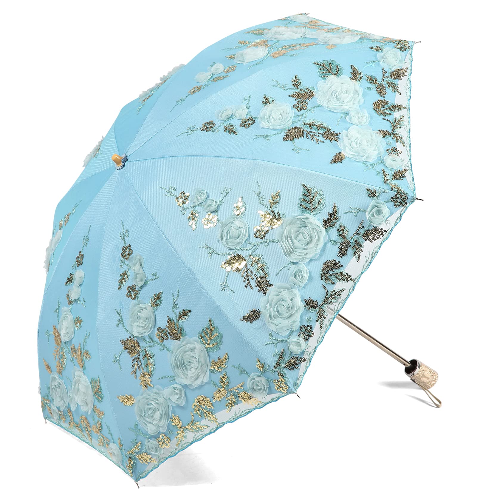 LCY Womens Anti-UV Lace Embroidery Folding Sun Parasol Rain Umbrella Wedding Umbrella-Blue