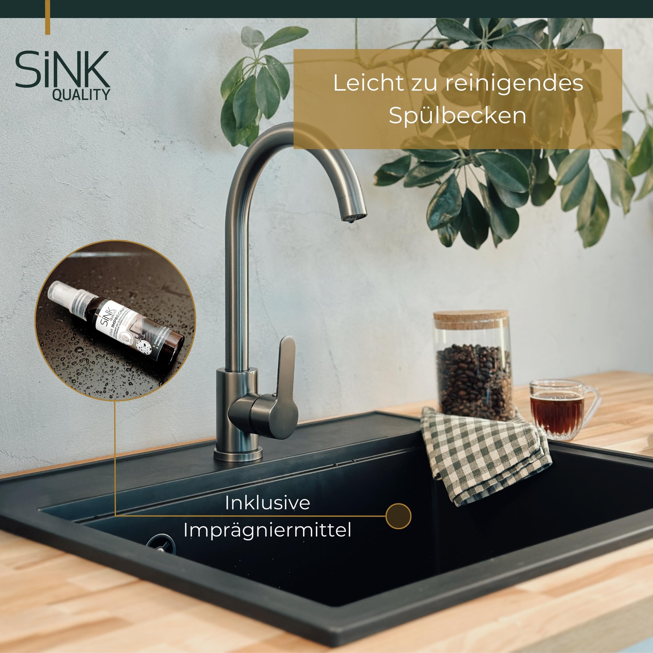 SINK Quality zlewozmywak biały granit 56 x 51 cm – nowoczesny zlewozmywak kuchenny z deską do krojenia, syfon, złoty, ociekacz, środek impregnujący, zlewozmywak do zabudowy, umywalka pojedyncza do