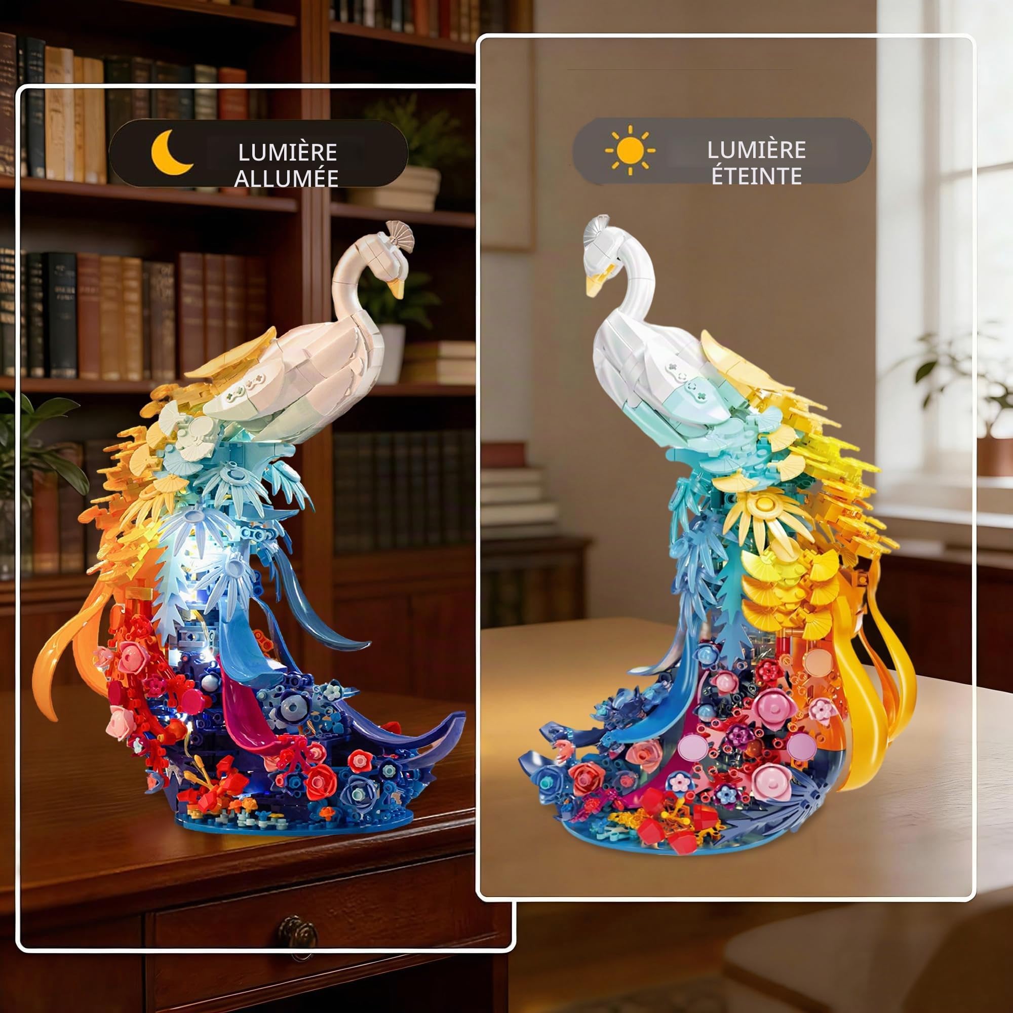 Figurines d'animaux de paon compatibles avec les célèbres marques, 901 pièces, paons, animaux, modèle avec fleurs, plumes de queue et lumière, cadeaux décoratifs créatifs pour adultes et jeunes