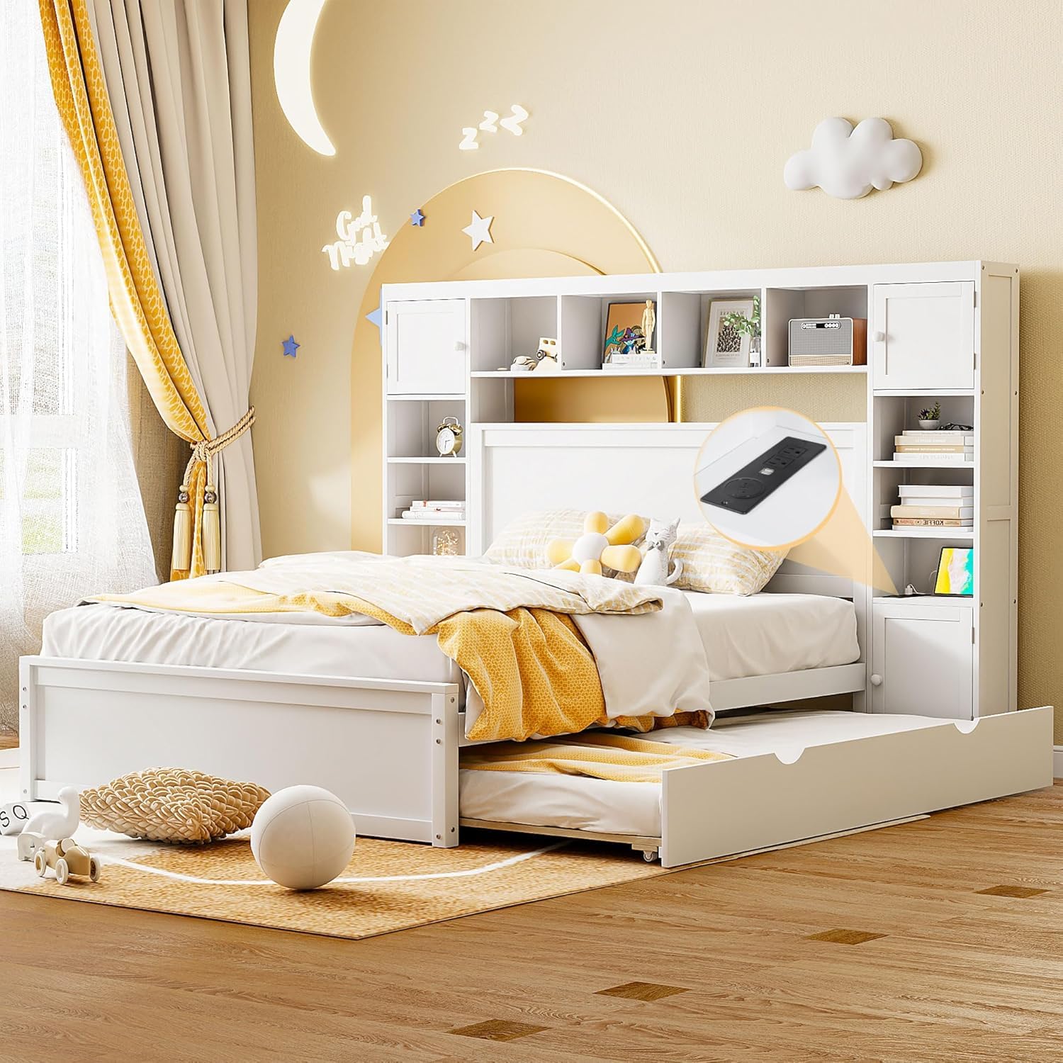 MERITLINE Queen Platform Bed with Storage Headboard,Trundle and Drawers,Solid Wood Queen Bed Frame with Charging Station and Storage for Adults, White