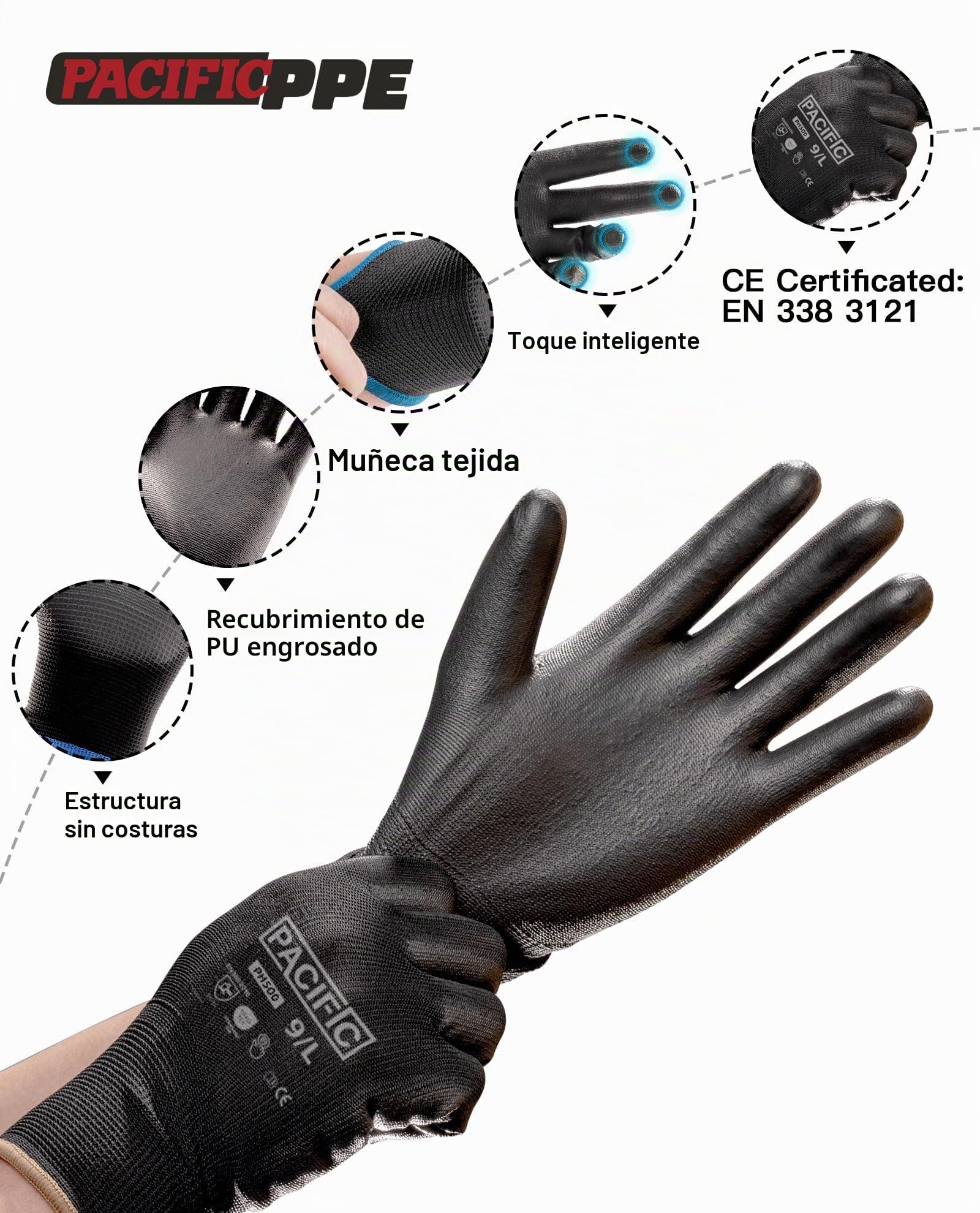 PACIFIC PPE 18 Pares Guantes de Trabajo para Hombre y Mujer, 11/XXL, Negro | Protección para Tareas Ligeras, Touchscreen, transpirables, Taller, Mantenimiento, Jardinería, Almacén, Mecánica
