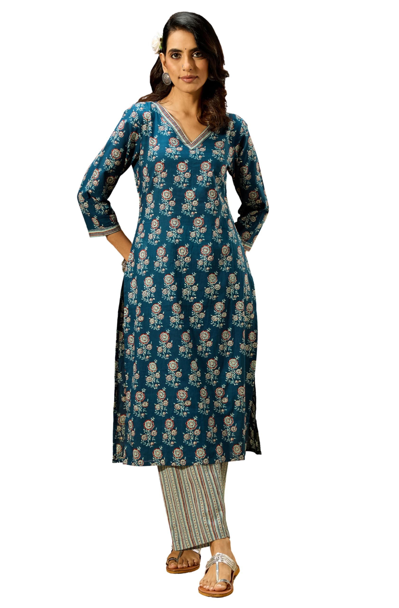 janasya Women's Blue Pure Cotton Floral Printed Straight Kurta Pant Set-picture-48