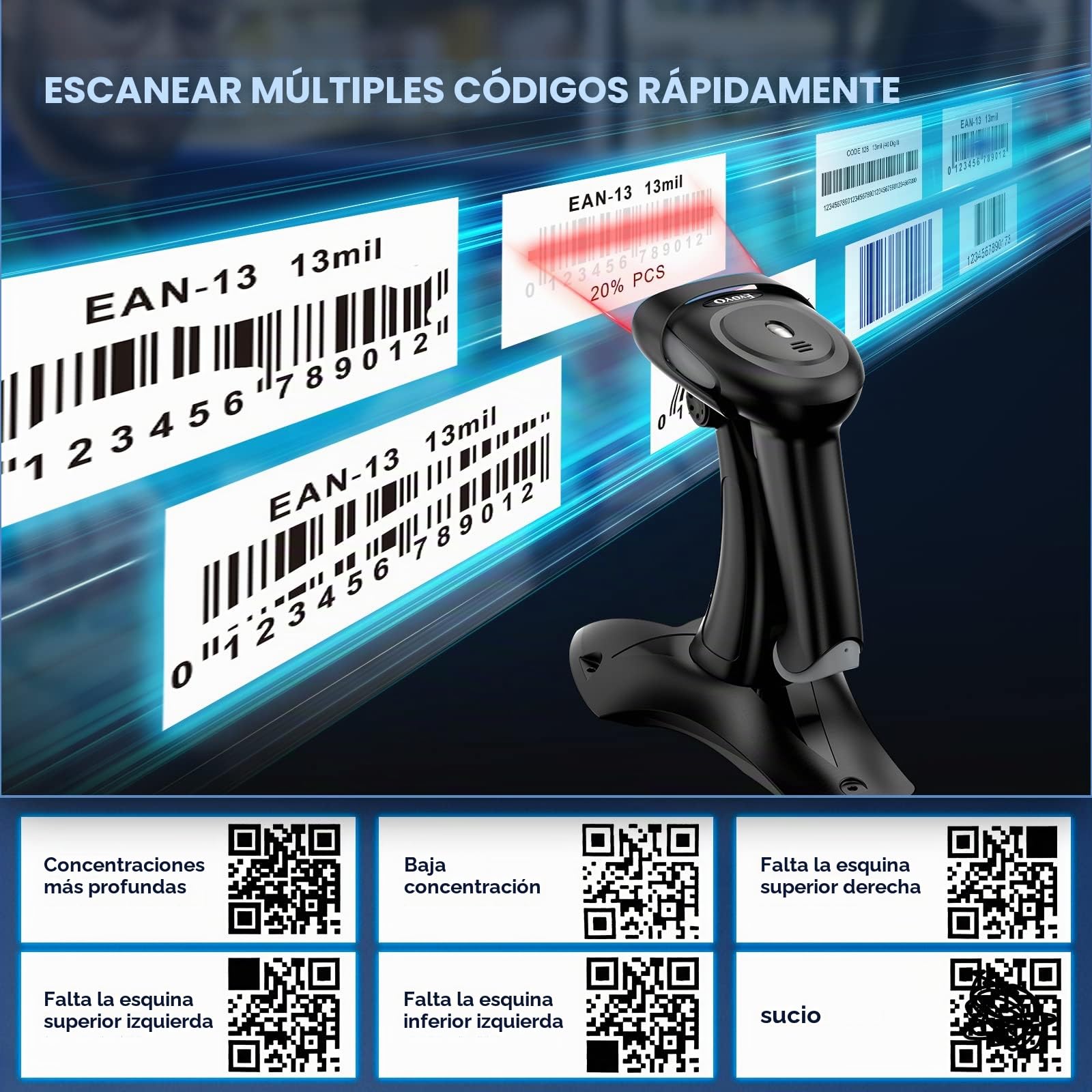 Eyoyo Eyoyo escáner de código de Barras inalámbrico con Soporte, 3-en-1 Bluetooth y 2.4G escáner de código de Barras inalámbrico y conexión USB con Cable, Compatible con Windows,Pos, iOS, Android