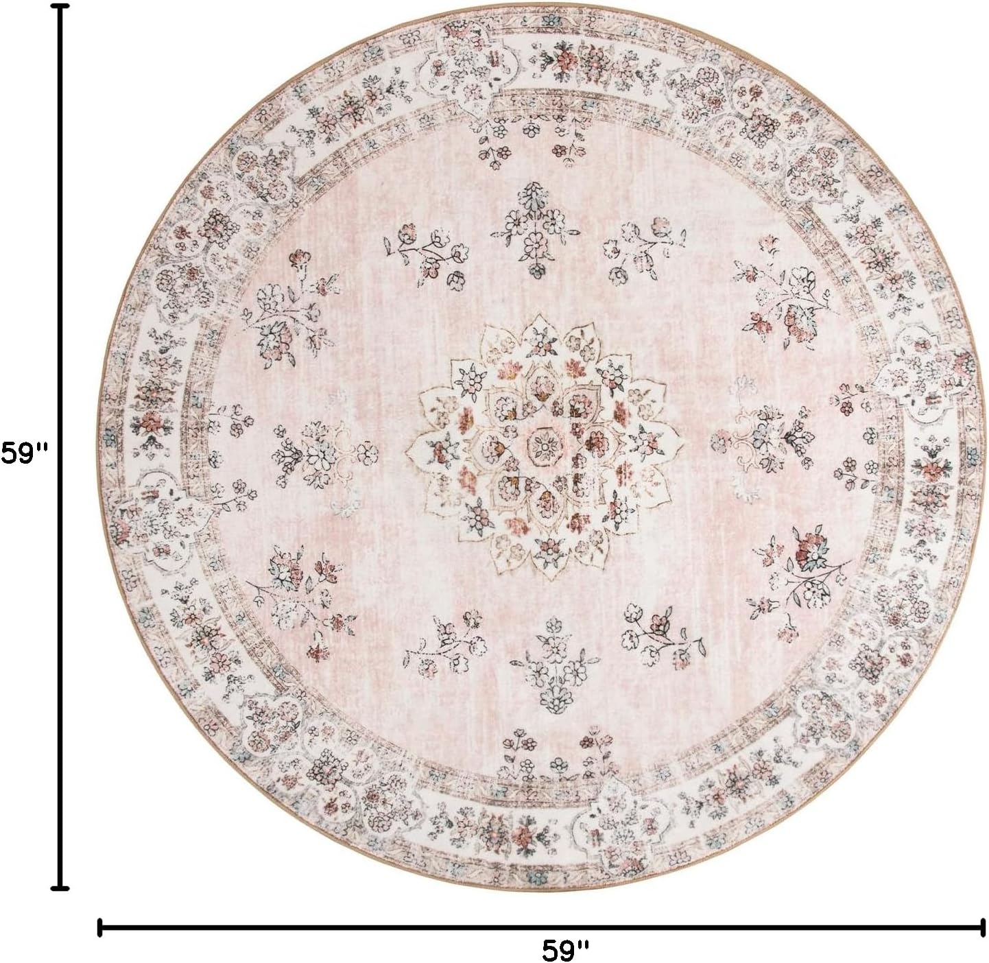 Lahome Pink Washable Round Rug 5ft, Soft Europe Vintage 5x5 Circle Rug for Nursery Kids Playroom, Non-Slip Floral Pastel Circular Carpet for Aesthetic Home Decorations Bedroom Decor