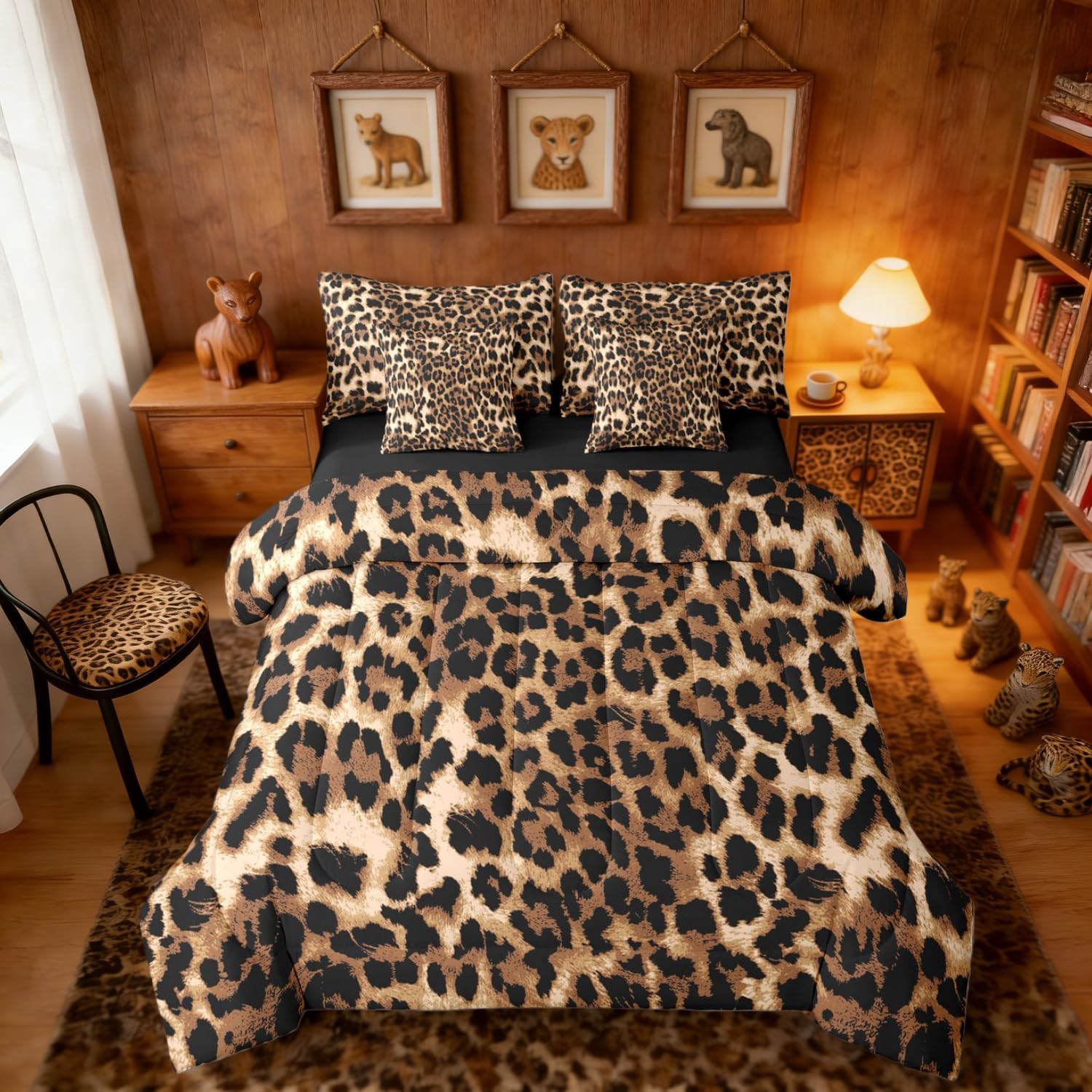 Erosebridal Black Brown Leopard Print Bed in A Bag Queen | Cheetah Print 7 Piece Comforter Set Africa Animal Camo Geometric Sheet Set Breathable Lightweight Farmhouse Wildlife Fitted Sheet Reversible