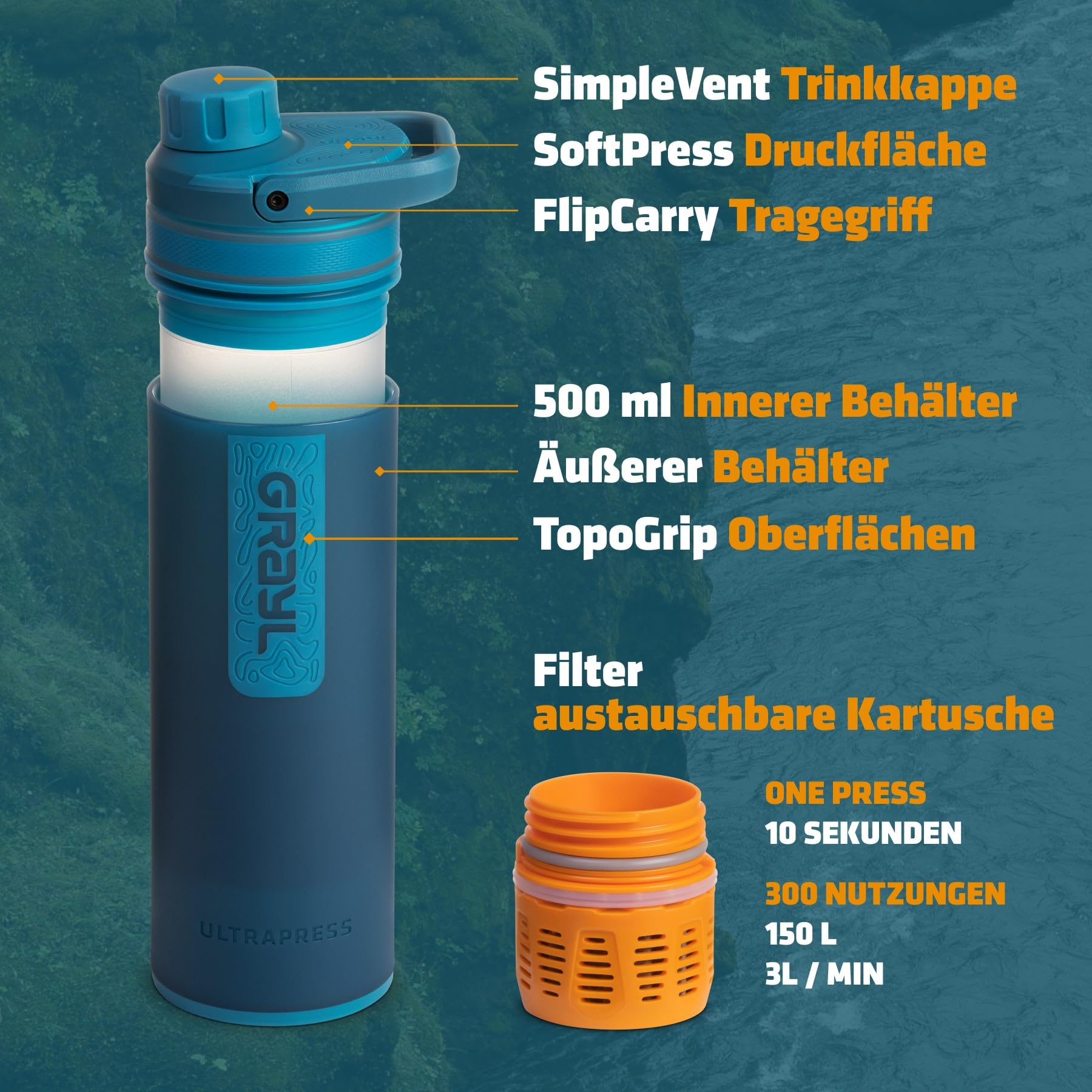 GRAYL Ultra Press PREMIUM Filtre à eau d'extérieur MEGA BUNDLE avec filtre de rechange 300L L'eau potable élimine 99,99 % des bactéries et des virus pour le camping, la survie et les voyages - Bleu